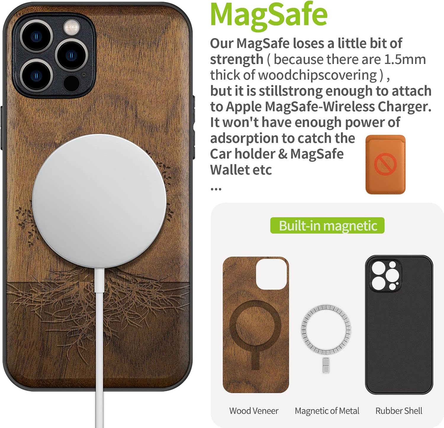 Carveit Magnetic Wood Case for iPhone 12 Pro Max Case [Hard Real Wood & Black Soft TPU] Shockproof Protective Unique & Classy Wooden Cover Compatible with MagSafe (Tree with Roots) - Walnut