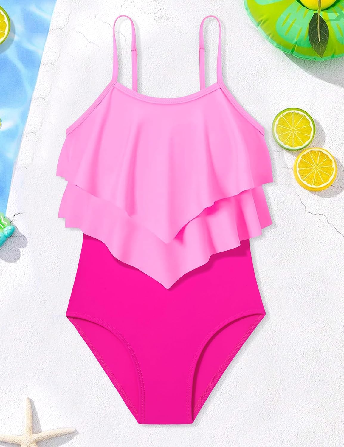 Girls Swimsuit Color Block One Piece Swimsuit 2-Tiered Ruffle Bathing Suit Adjustable Strap Girls' Swimwear 7-16Y - Image 5
