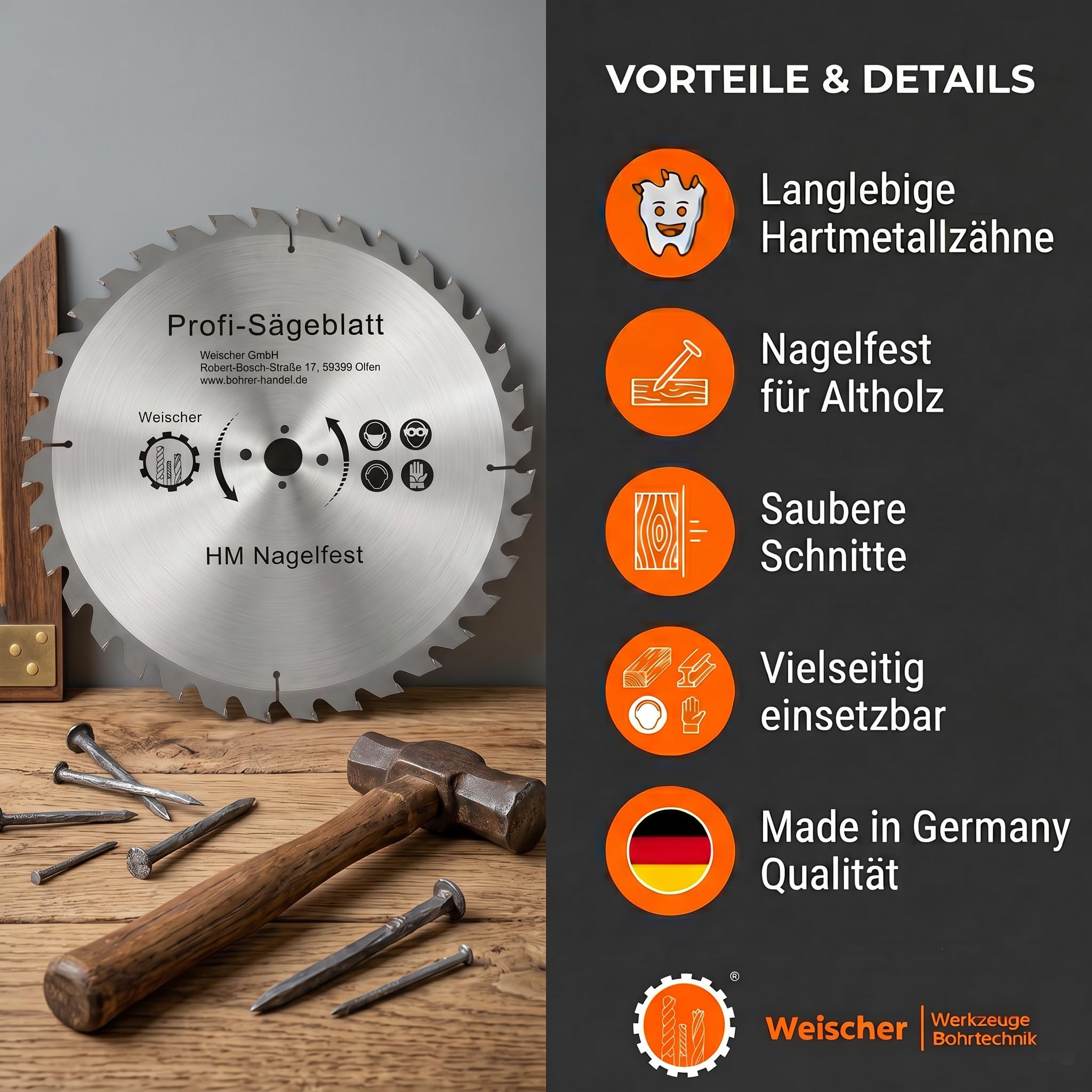 Weischer® - Kreissägeblatt 400 x 30 mm | 36 Zähne (Wechselzahn) | 30 mm Bohrung | HM Hartmetall Sägeblatt | für Paletten, Holz, Spanplatten, Bauholz | Längsschnitt Querschnitt I NAGELFEST