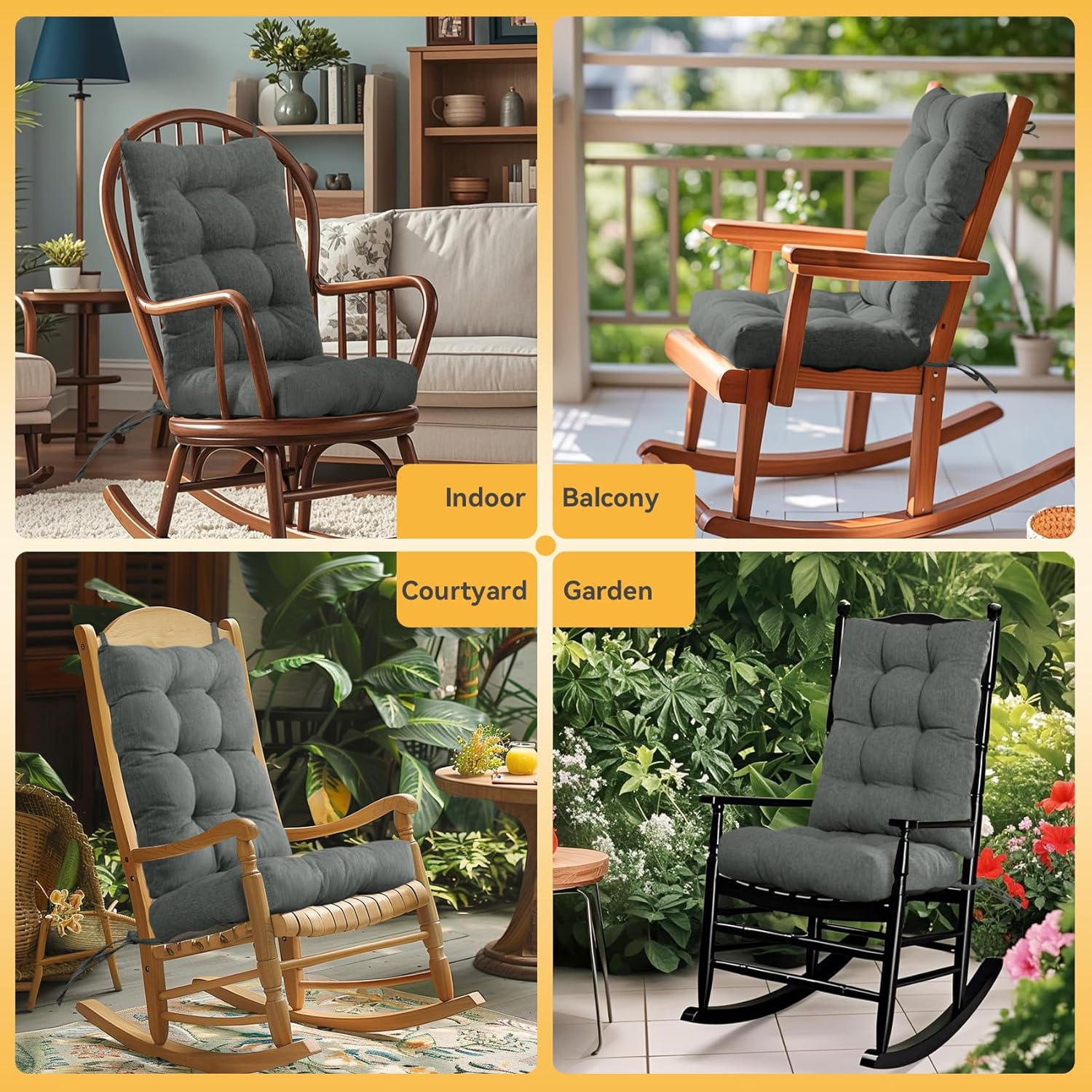 ROFIELTY Rocking Chair Cushion Tufted Design Non Slip Rocking Chair Cushions Indoor with Ties, Comfortable and Good Support Seat & Back Cushions, Dark Gray