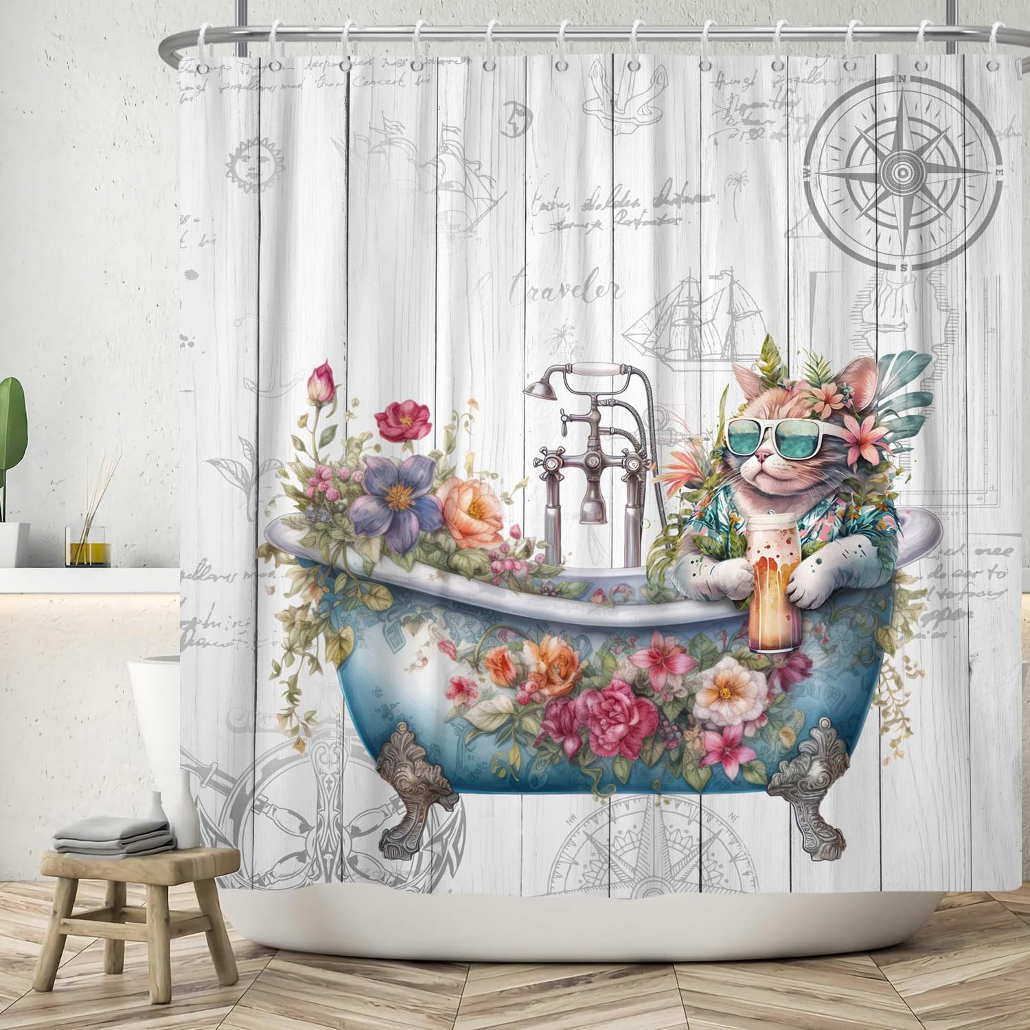 ASDCXZ Divertida Cortina de Ducha 180x180 cm, Fondo Marítimo de Madera Vintage Gato Divertido Flores Hojas Cortinas de Ducha Lavables Tela de Cortina Ducha de Baño Impermeable con 12 Ganchos