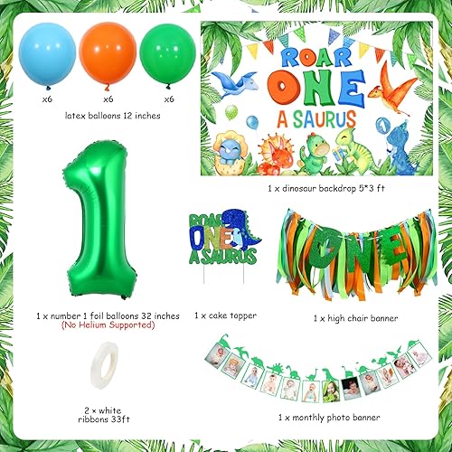 Miniatura 2 de Decoraciones de dinosaurio para el primer cumpleaños de niño  Telón de fondo de rugido, pancarta mensual de dinosaurio para fotos, decoración de