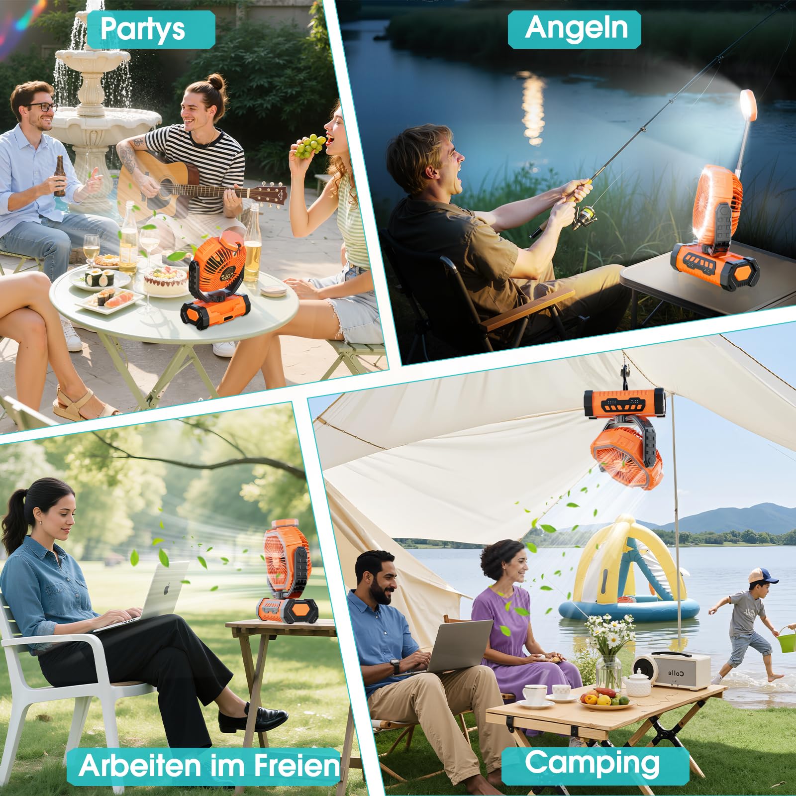Camping Ventilator 20000mAh, Wiederaufladbarer Tischventilator USB Ventilator mit LED Licht & Haken, 270° Drehung mit Fernbedienung, Camping Fan für Indoor, Outdoor, Zelt, Grillen, Strand - Orange