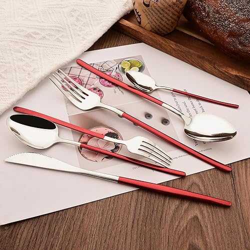 Miniatura 6 de Juego de cubiertos de plata y rojo brillante, 40 piezas para 8, juego de cubiertos de acero inoxidable 1810, vajilla pulida con espejo, incluye