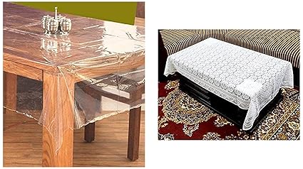 Kuber Industries Cotton Center Table Cover for 4 Seater - White & PVC Solid Rectangular Centre Table Cover Set (Transparent, 40x60 Inches)