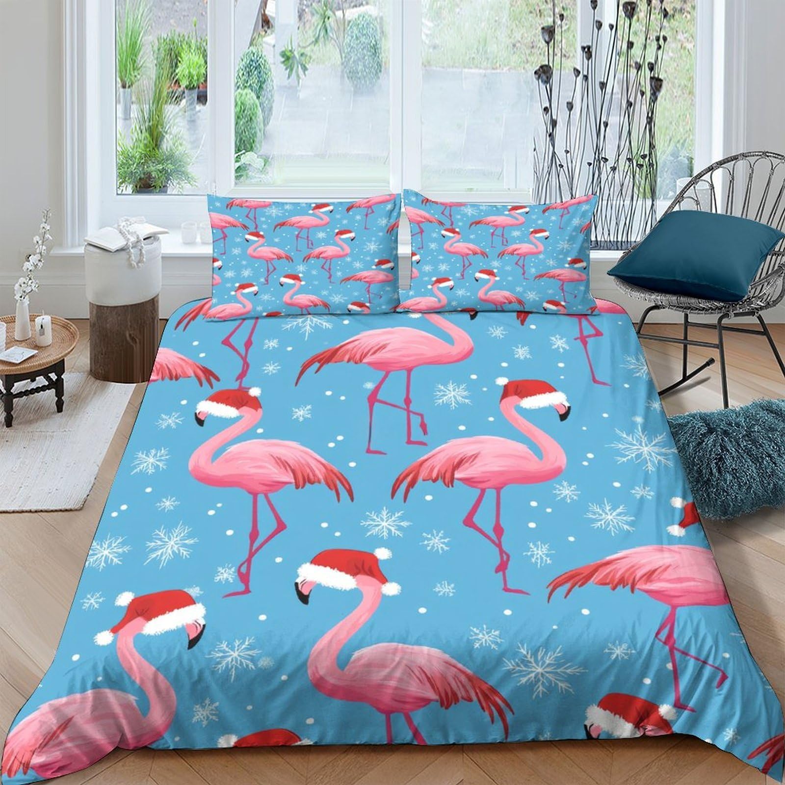 GPLZQXKJNH 3D Printed Christmas Flamingo Duvet Cover Microfiber Soft Breathable Santa Hat Bedding Set with 2 Pillowcases for Bedroom Decor Single（135x200cm）