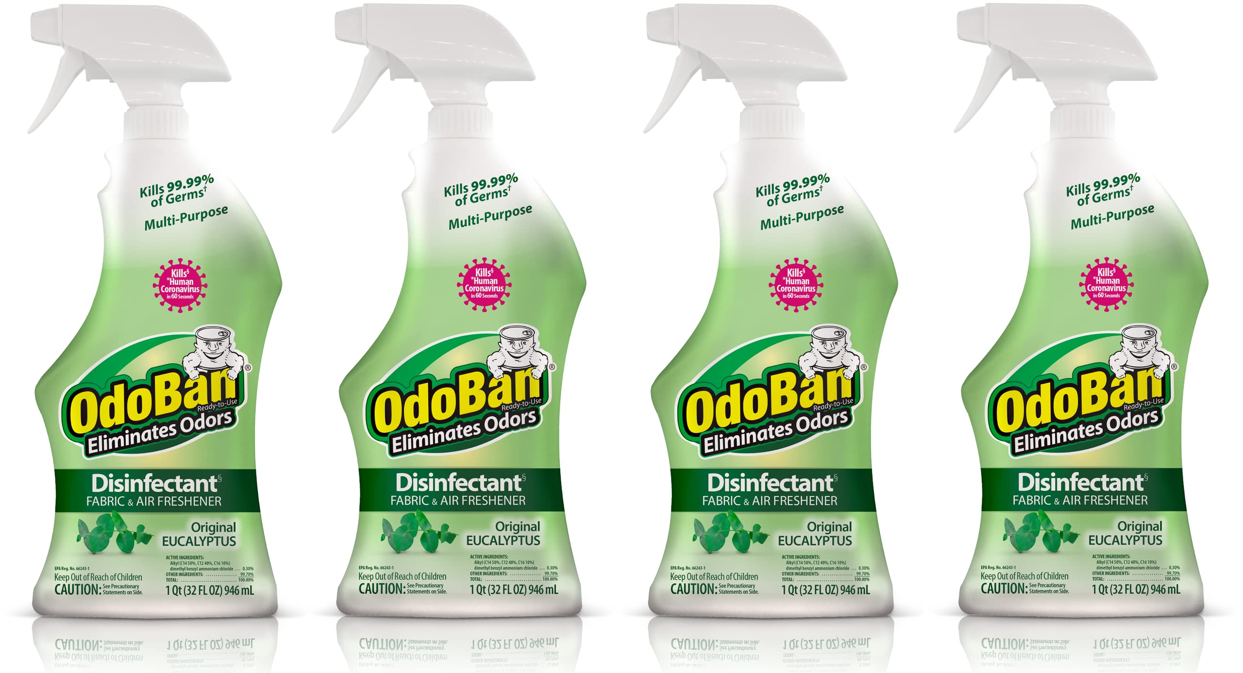 OdoBan Ready-to-Use Disinfectant and Odor Eliminator, Set of 4 Spray Bottles, 32 Ounces Each, Original Eucalyptus Scent