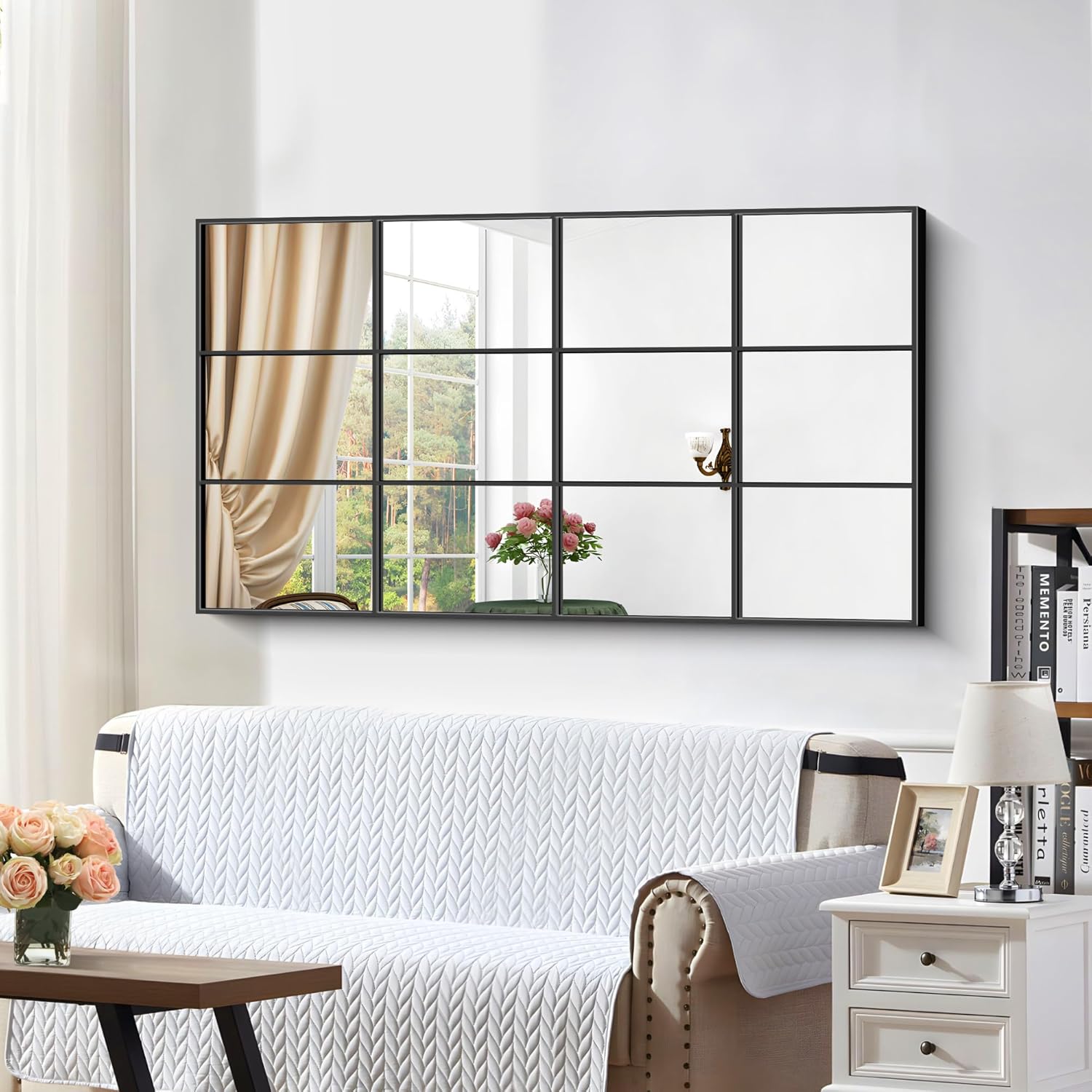 Rectangle Window Mirror Wall Mounted, 30"×55" Window Pane Mirror Wall Decor Metal Framed, Large Black Mirror for Bedroom Living Room Fireplace Entryway Hanging or Leaning Against Wall