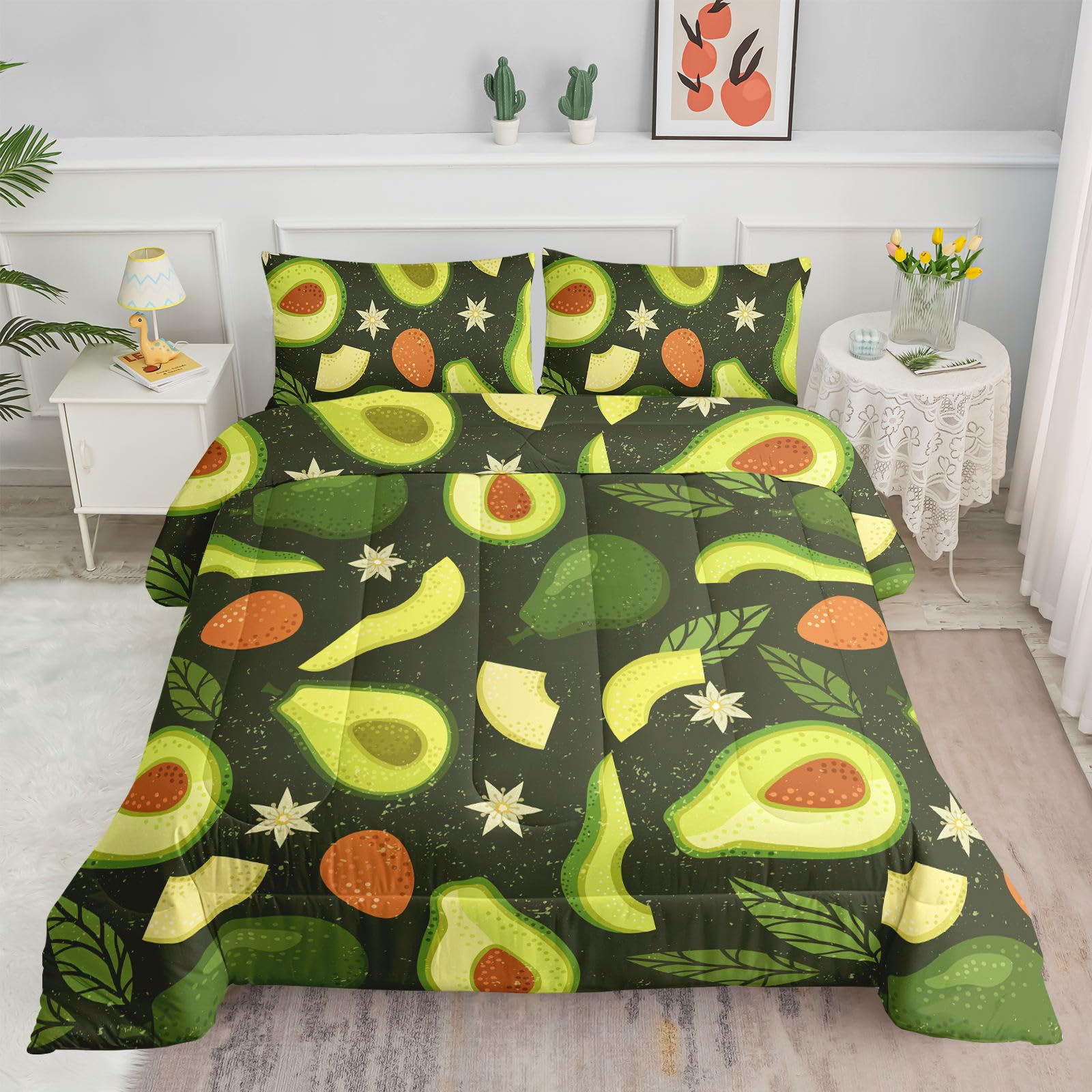Smell Sunshine Kids Comforter Set Avocado Printed Pattern Bedding Set with 1 Comforter and 2 Pillowcases for Girls Boys Bedroom All Season(Avocado