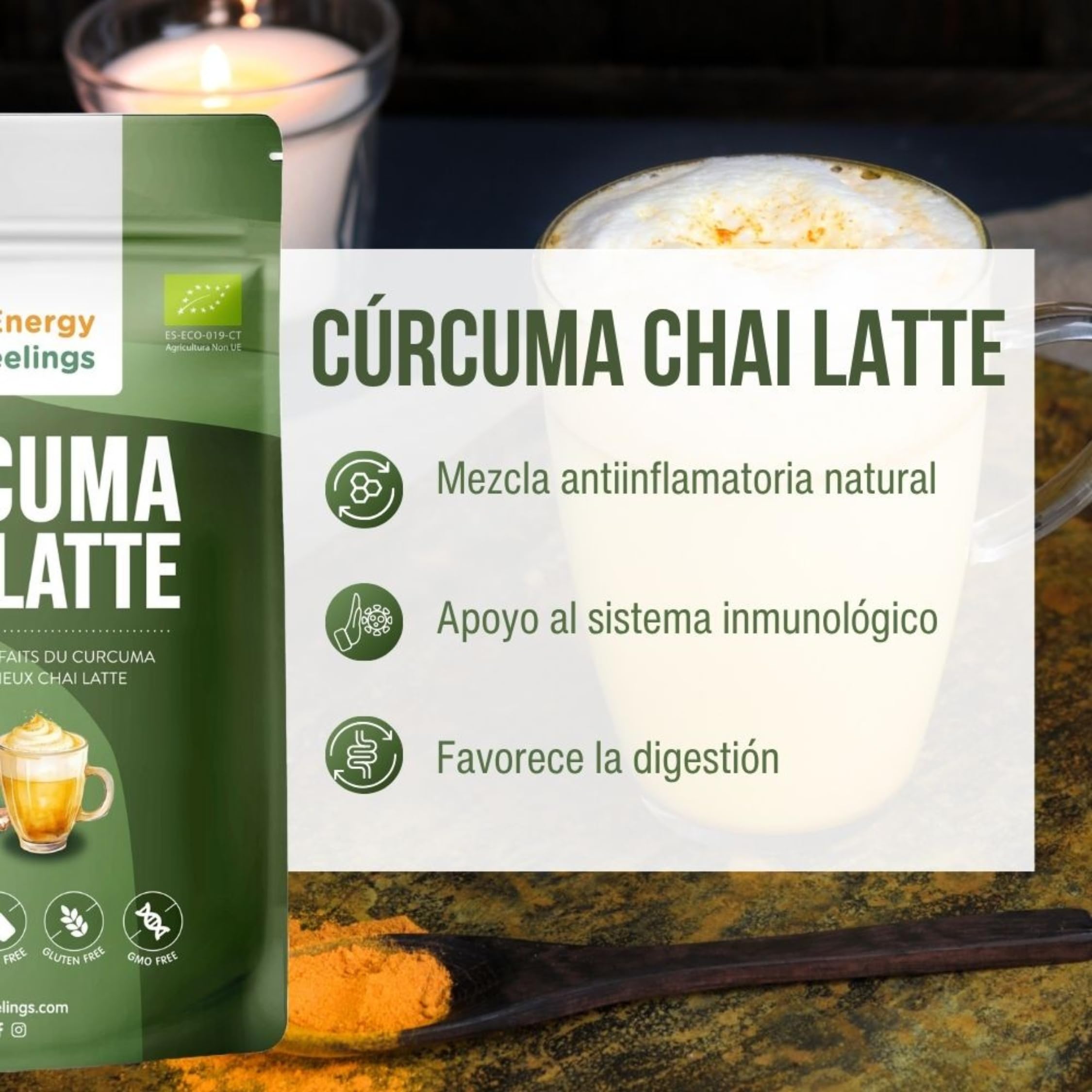 Energy Feelings Cúrcuma Chai Latte Ecológico 500 gr, Cúrcuma en Polvo con Jengibre y Pimienta, Apto para Veganos, Sin Lactosa, Sin Gluten