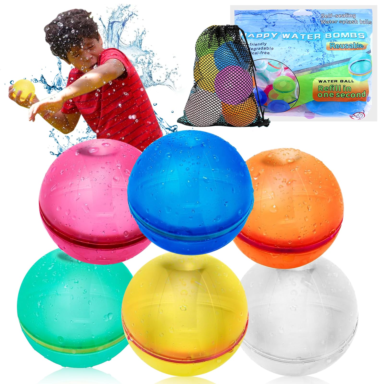 YESLUSY Globos de Agua Reutilizables, 6 Piezas Globos de Agua rápidos y Autosellantes de Colores, Juguetes Piscina para Niños Adultos, Bolas de Agua Silicona, para Playa, Juegos Piscina