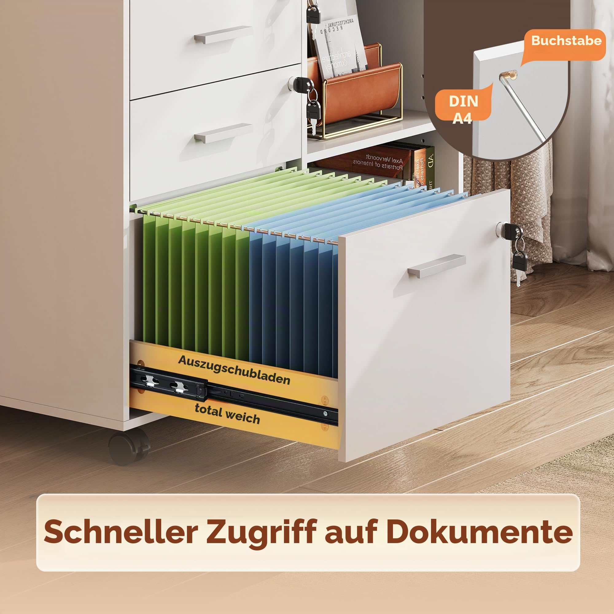 DEVAISE Rollcontainer abschließbar mit 3 Schubladen und offenen Fächern, Schreibtisch Schrank für Büro, Home Office, Rollcontainer Weiß für DIN A4/Legal/Letter,Weiß