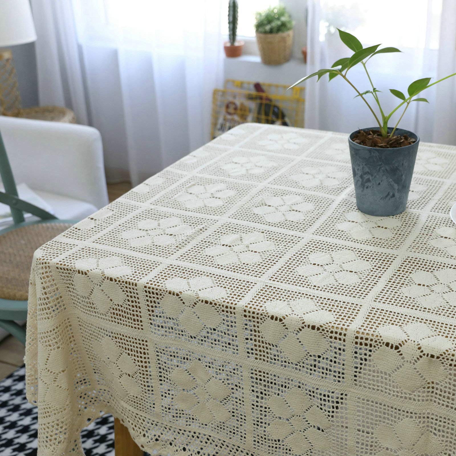 Aeici - Tovaglia di compleanno per matrimonio, rettangolare, in cotone lino, con motivo floreale, 6 petal all'uncinetto, 140 x 220 cm, colore: Beige