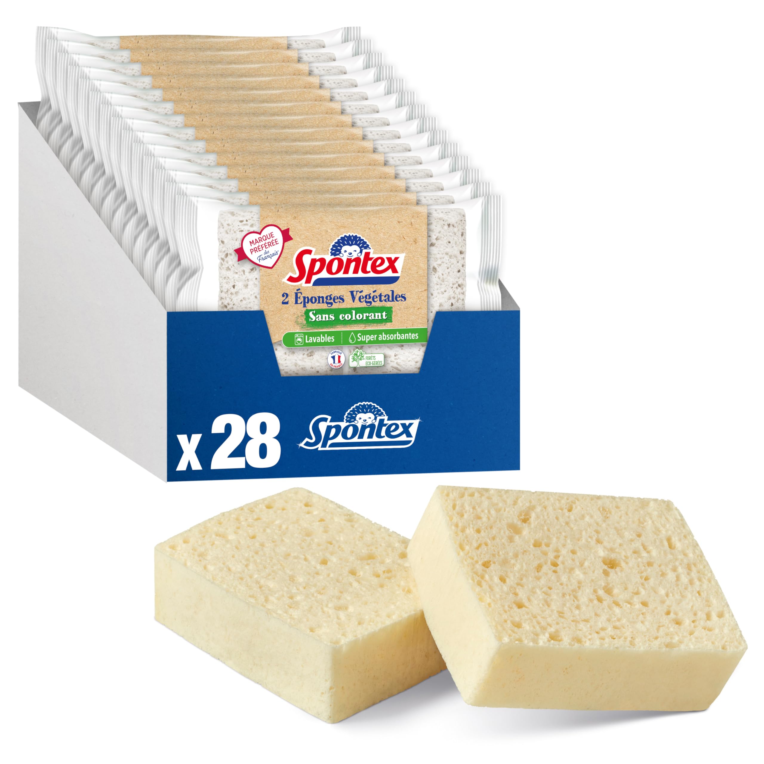 SPONTEX - 28 Schwämme (14 Packungen mit je 2 Stück) pflanzlich ohne Farbstoffe – Verpackung mit 85% recyceltem Kunststoff – absorbiert 20 x Sein Trockengewicht – 100% pflanzlich – ohne Farbstoffe