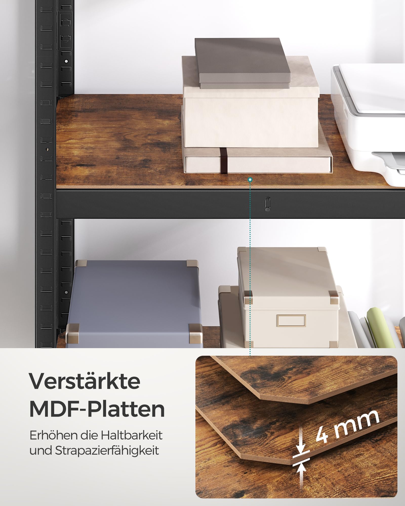 SONGMICS Standregal, Bücherregal, Lagerregal, 4 Ablagen, verstellbar, 40 x 80 x 160 cm, bis 520 kg belastbar, für Küche, Wohnzimmer, vintagebraun-schwarz GLR044B11