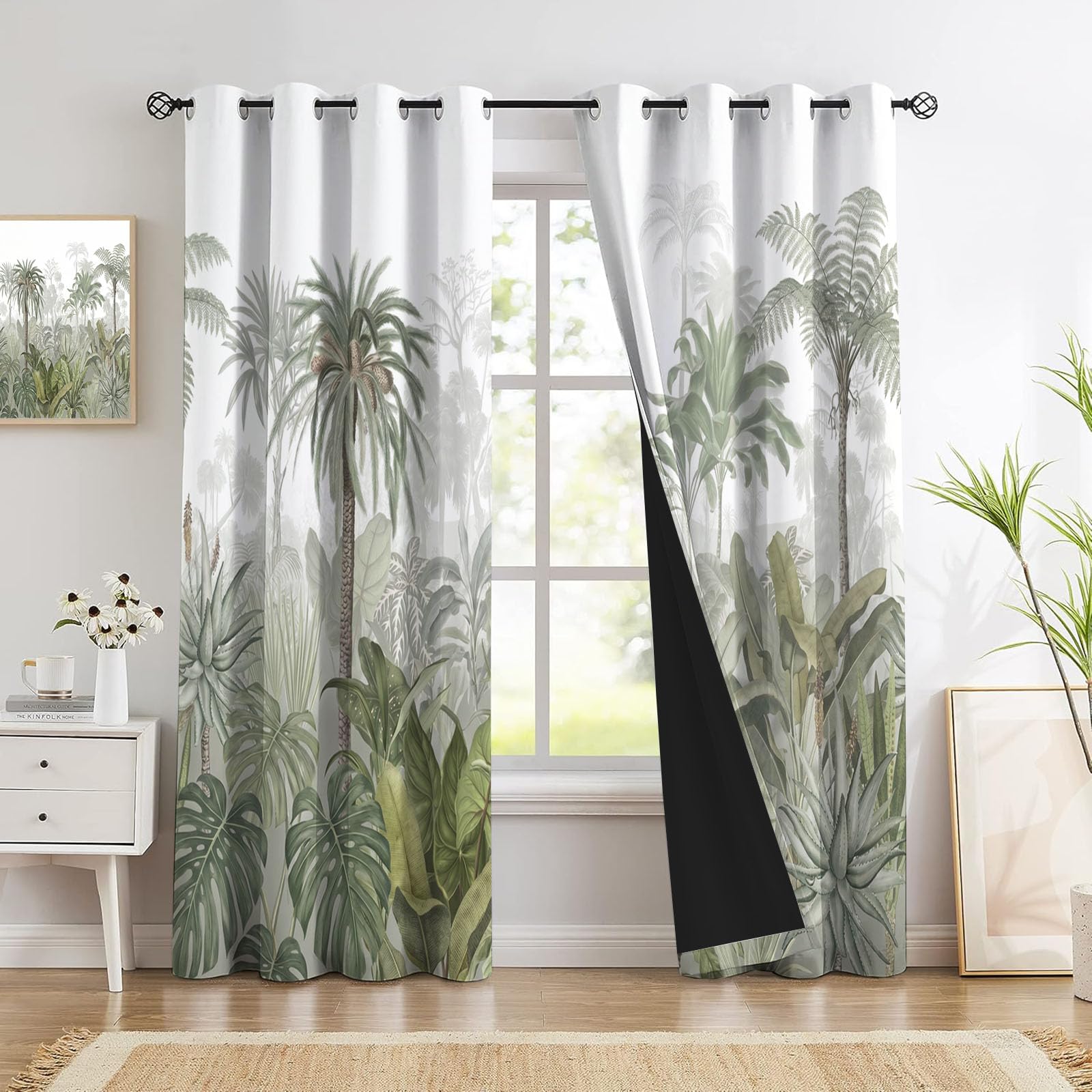 Rideaux Occultants Palmiers Monstera Deliciosa Cactus, Rideau Occultant Thermique Isolant Vert, Rideau Imprimé Style Tropical Rétro Avec Oeillets Pour Chambre, Salon, Lot De 2 Rideaux 140 X 225 cm