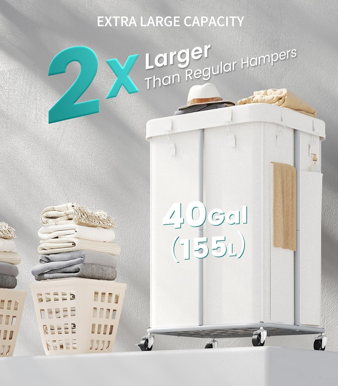 155L Laundry Hamper with Wheels, Rolling Laundry Basket with Metal Frame and Removable Bag, Double Laundry Hamper 2 Section, Large & Tall Dirty Clothes Hampers for Bedroom Aesthetic, Laundry Room