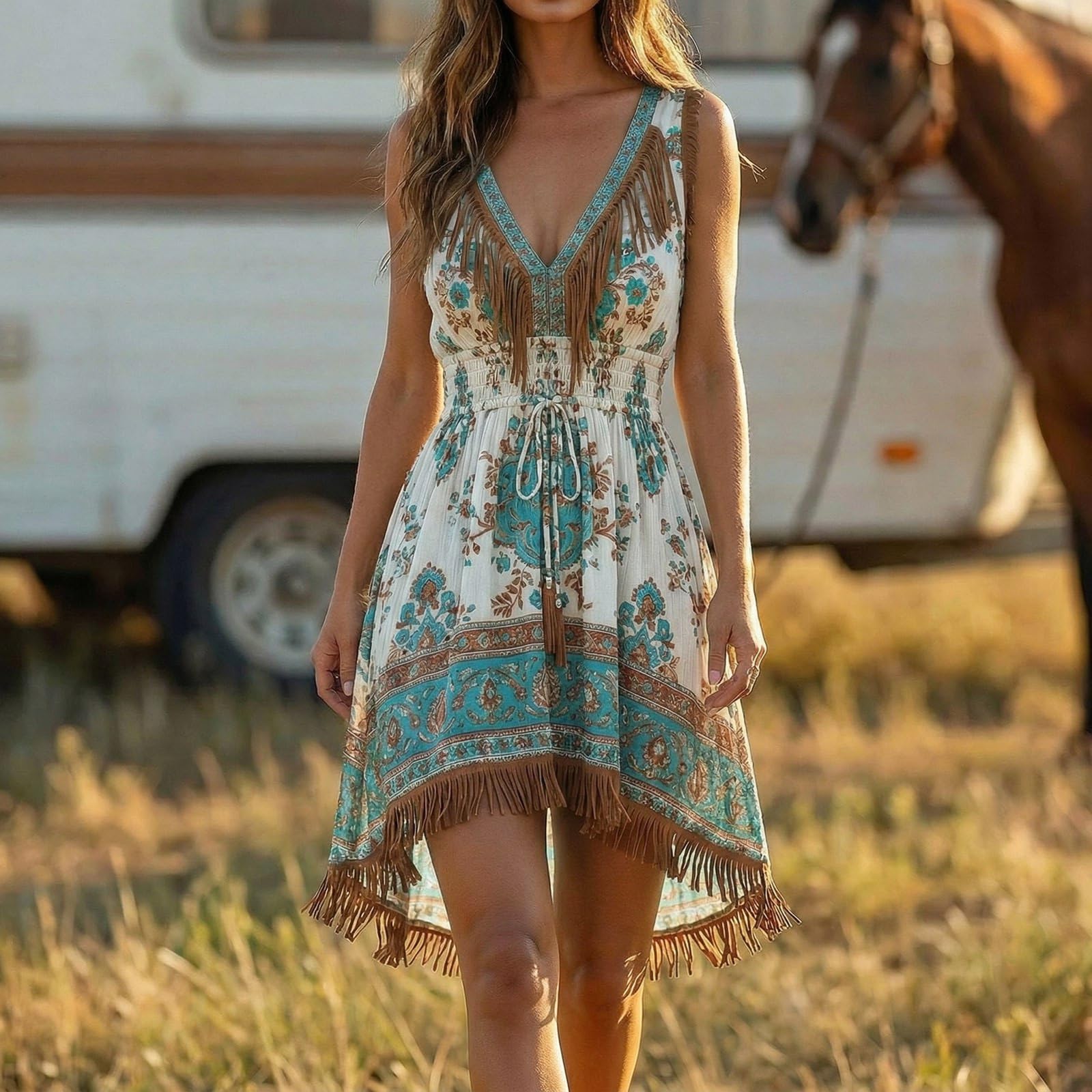 Vestido Bohemio Verano Floral Occidental Flecos, Casual Mujer