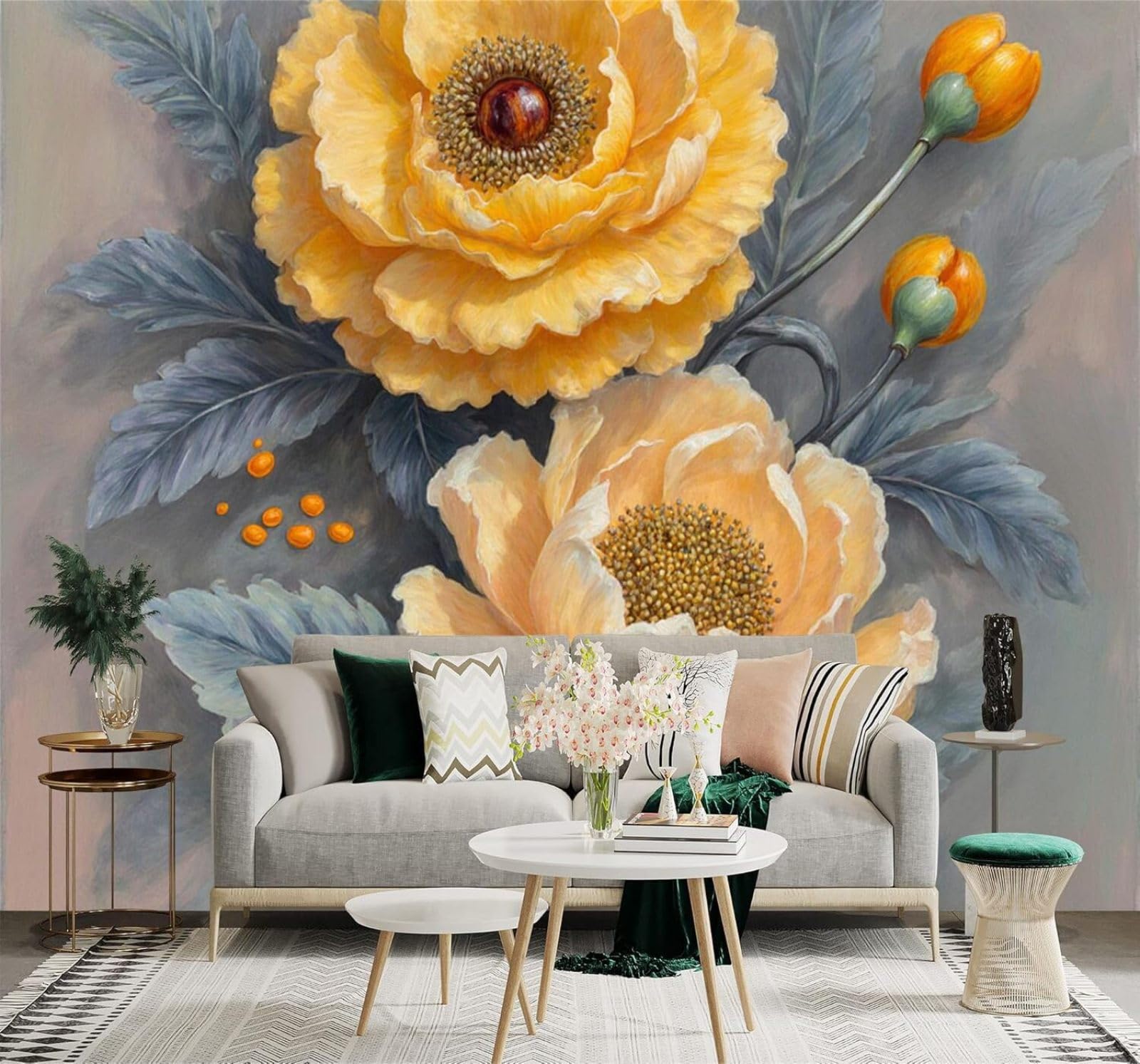 Yuemingdi 430Cm×300Cm(B×H) 3D Wallpaper Elegant Hand Painted Yellow Peonies Grey Leaves Art
