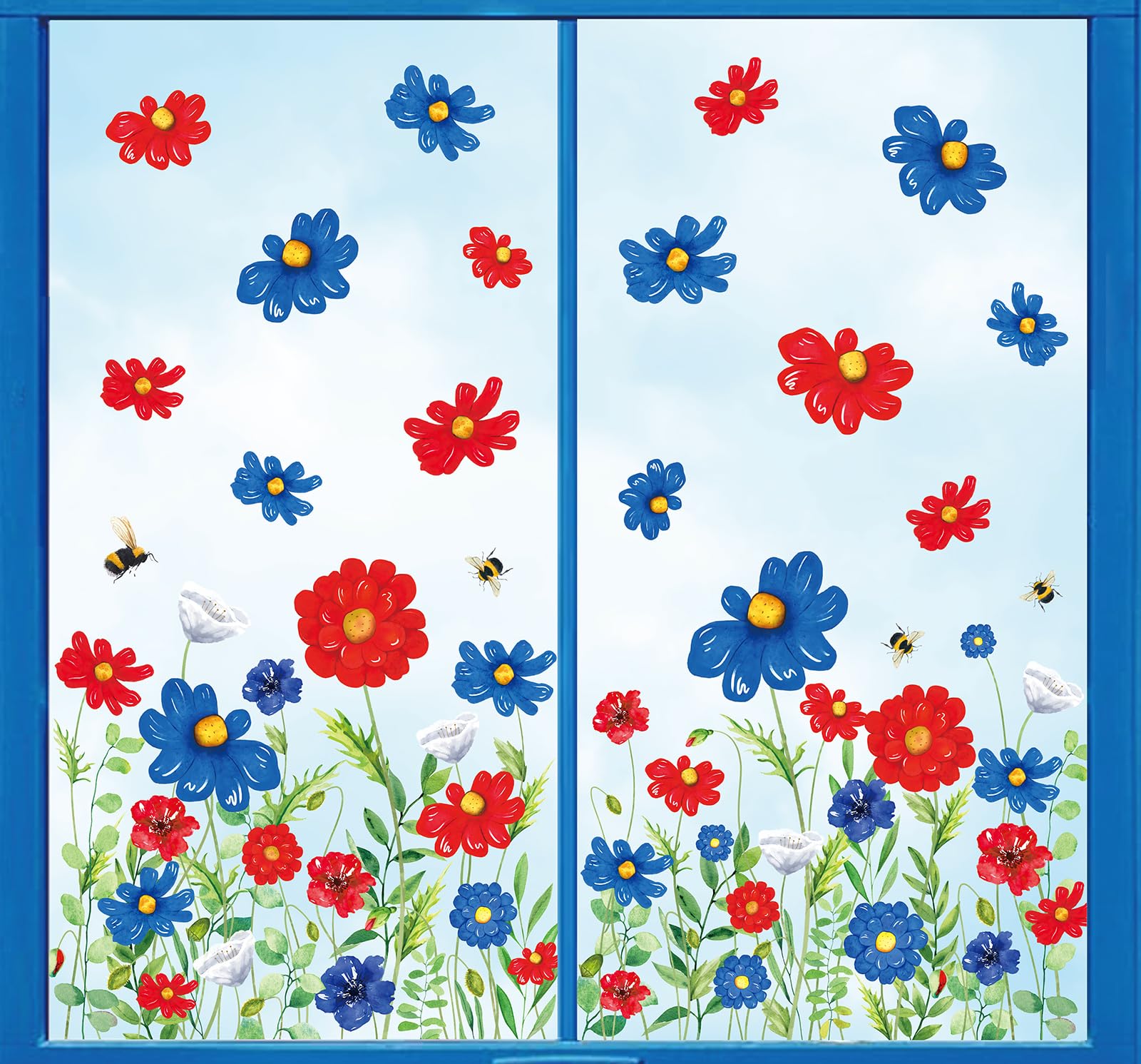 Whaline 6 Sheet 4th of July Patriotic Floral Window Decals Red Blue Summer Flowers Double-Sided Decor for Independence Day Home School Office