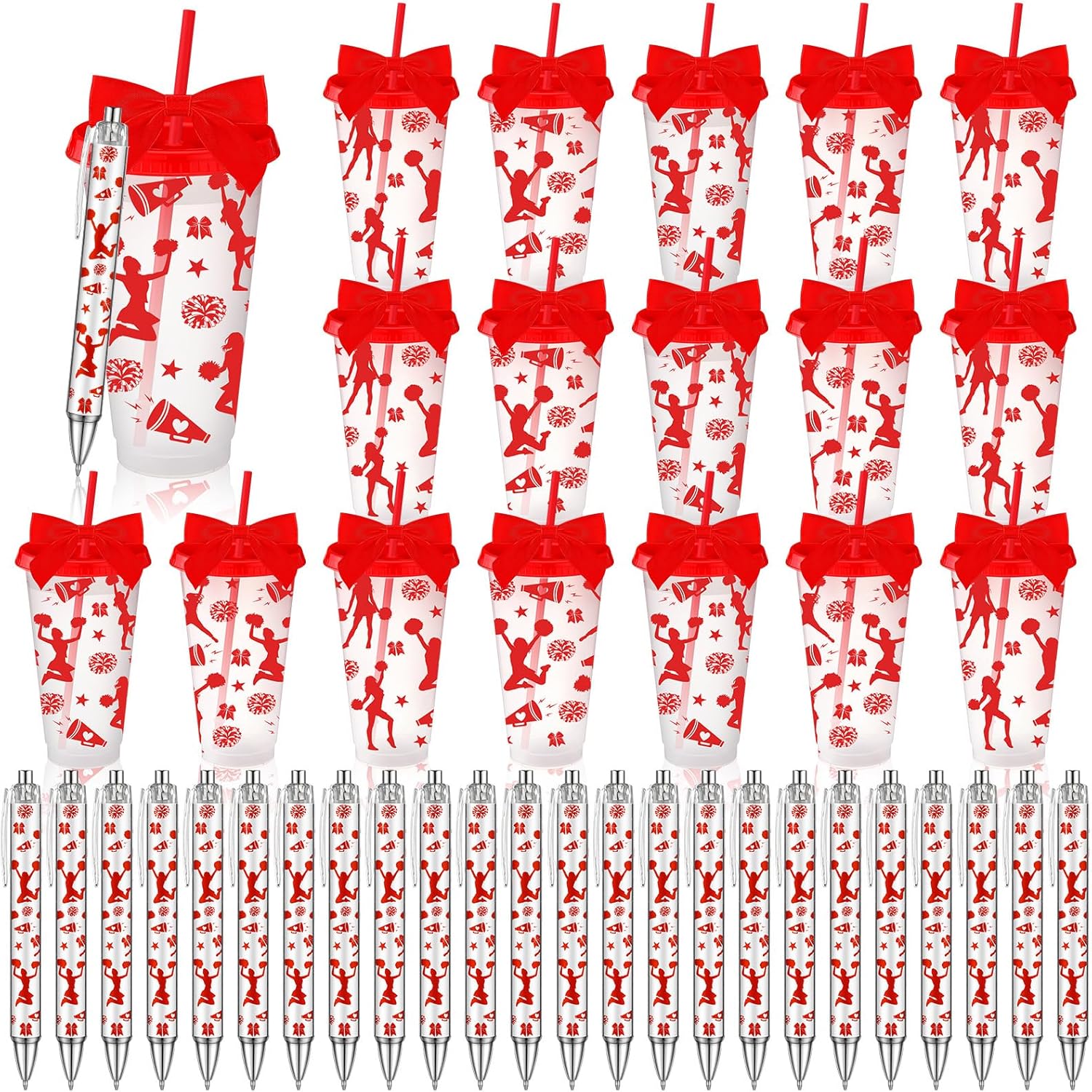 48 Pcs Cheerleader Gift Bulk for Team 24oz Reusable Plastic Cheer Tumbler with Lid Straw Black Ink Cheer Ballpoint Pens for Team Cheerleading Party Favor Souvenir Goodie Bag Stuffer(Red)