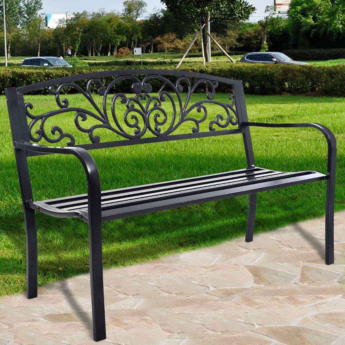 SFAREST 2 Seater Garden Bench, Slatted Park Chair Seat with Armrest, Metal Frame Outdoor Leisure Loveseat for Patio Backyard Poolside Balcony (1, Butterfly Pattern, Black)