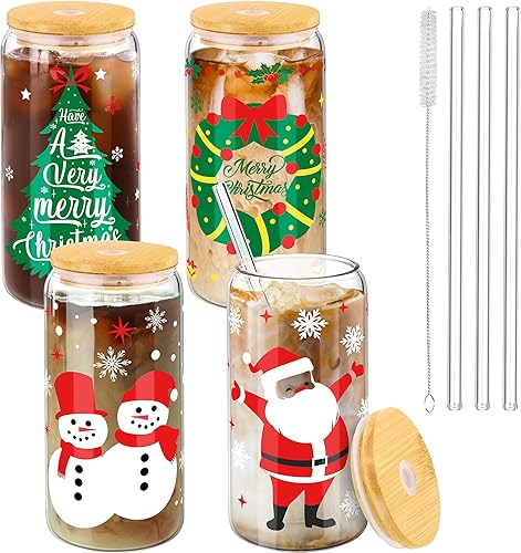 Kochorie Paquete de 4 tarros de Navidad Mason de 16 onzas, vasos de Navidad con tapa de bambú y popote de vidrio, tarros de galletas, tazas de café,