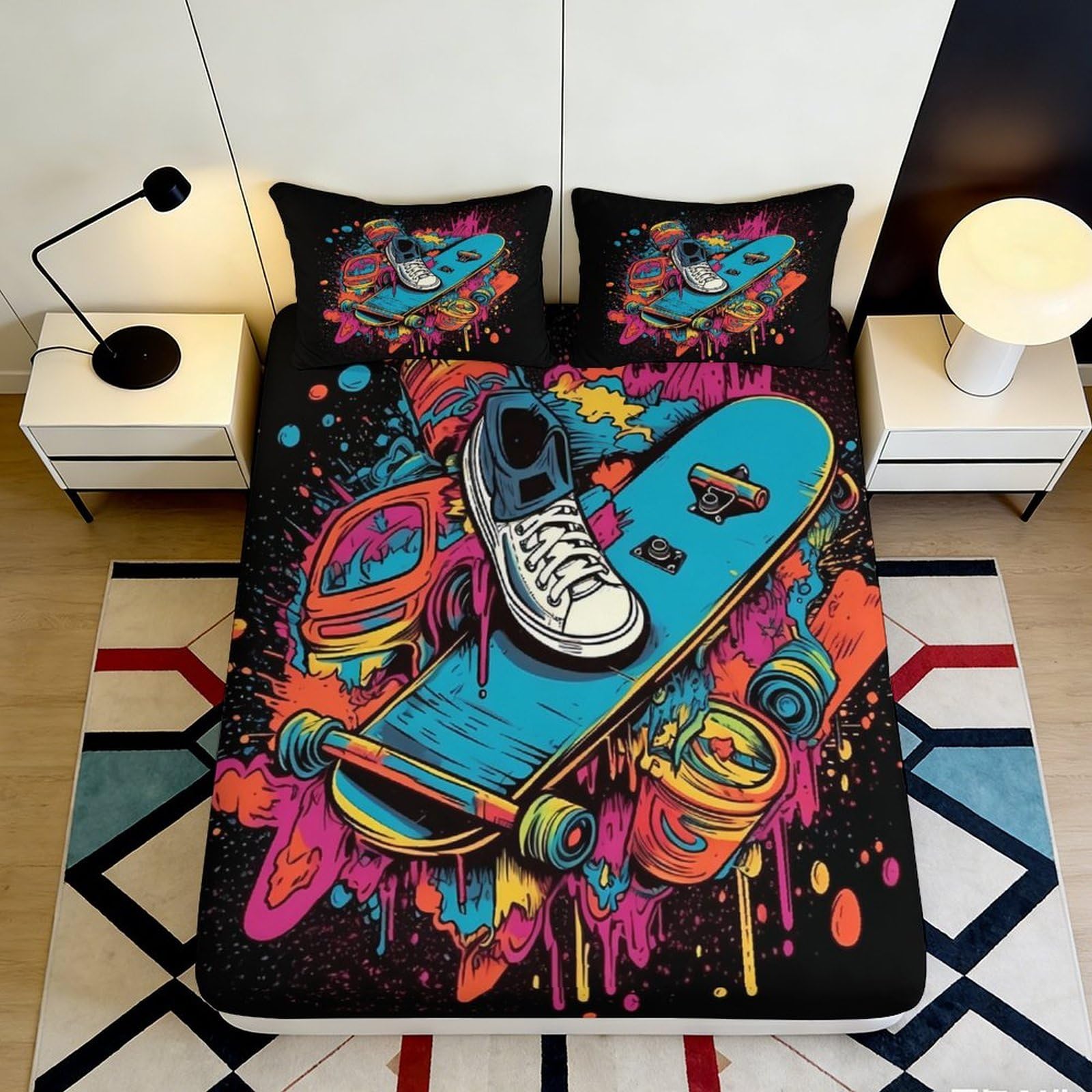 3D Printed Graffiti Skateboard Fitted Sheet Microfiber Vibrant Street Art Bed Cover Non Slip Machine Washable for Bedroom 120x200x25cm