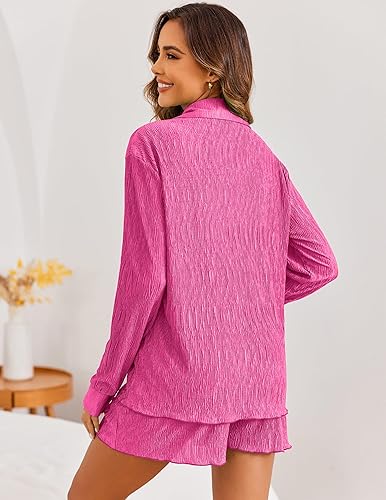 Miniatura 3 de Ekouaer Pleated Sets for Women 2 Piece Lounge Shorts Set Long Sleeve Button Down Shirts Outfits