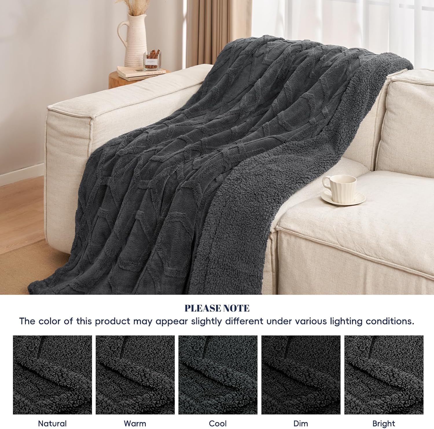 PHF Fluffy Sherpa Fleece Blanket Queen Size for Winter, Warm and Cozy, 510GSM 3D Tufted Shaggy Fleece Blanket for Sofa Bed, Dark Grey, 90"x90" - Image 6