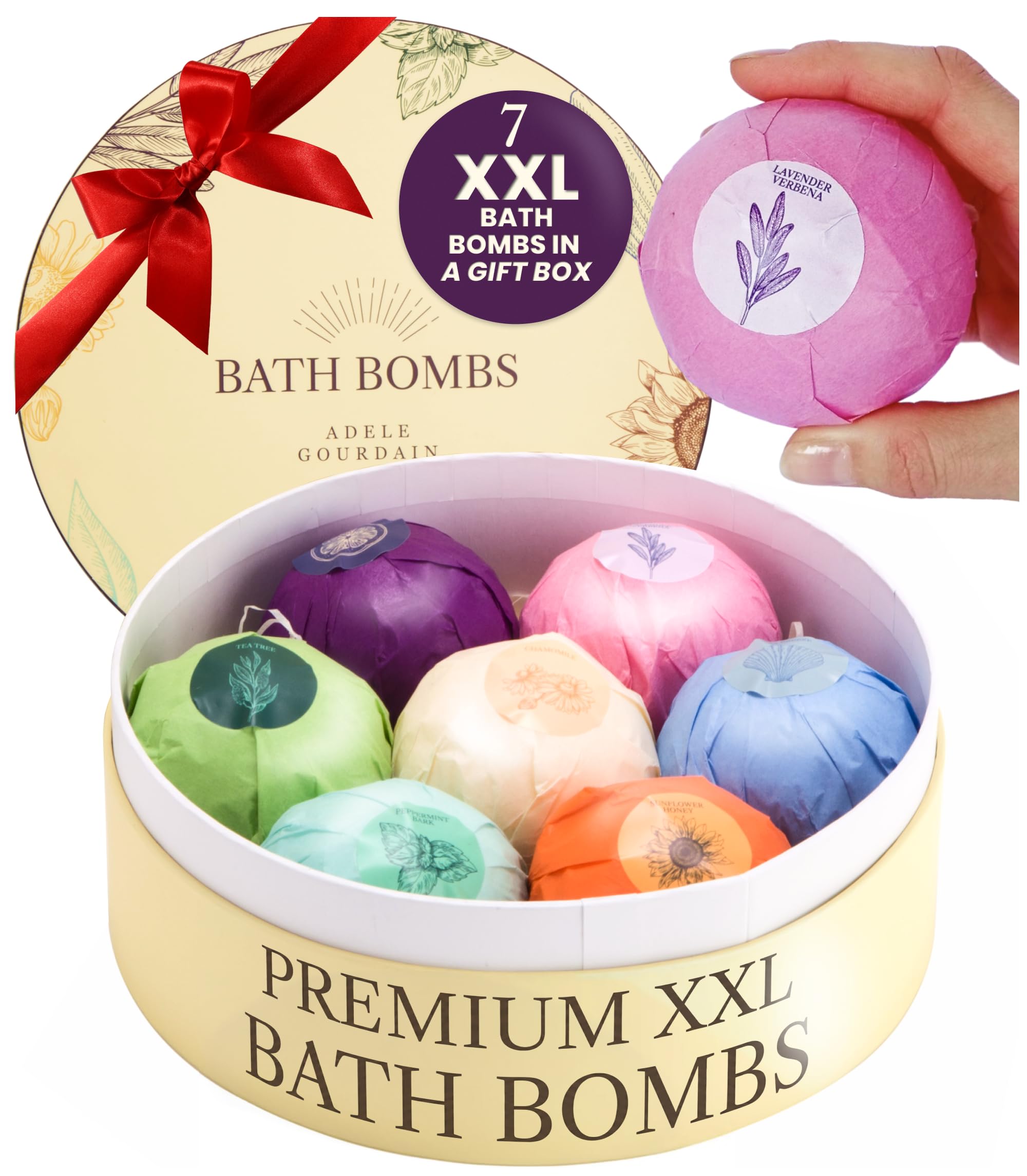 ADELEGOURDAIN Bath Bombs Set 7 pcs - Gift Set for Women, 200g Extra Large Oversized, Mineral Bath Bombs for Sensitive Skin, Gift Set or Birthday or Mothers Day, Gift Box Idea for Her