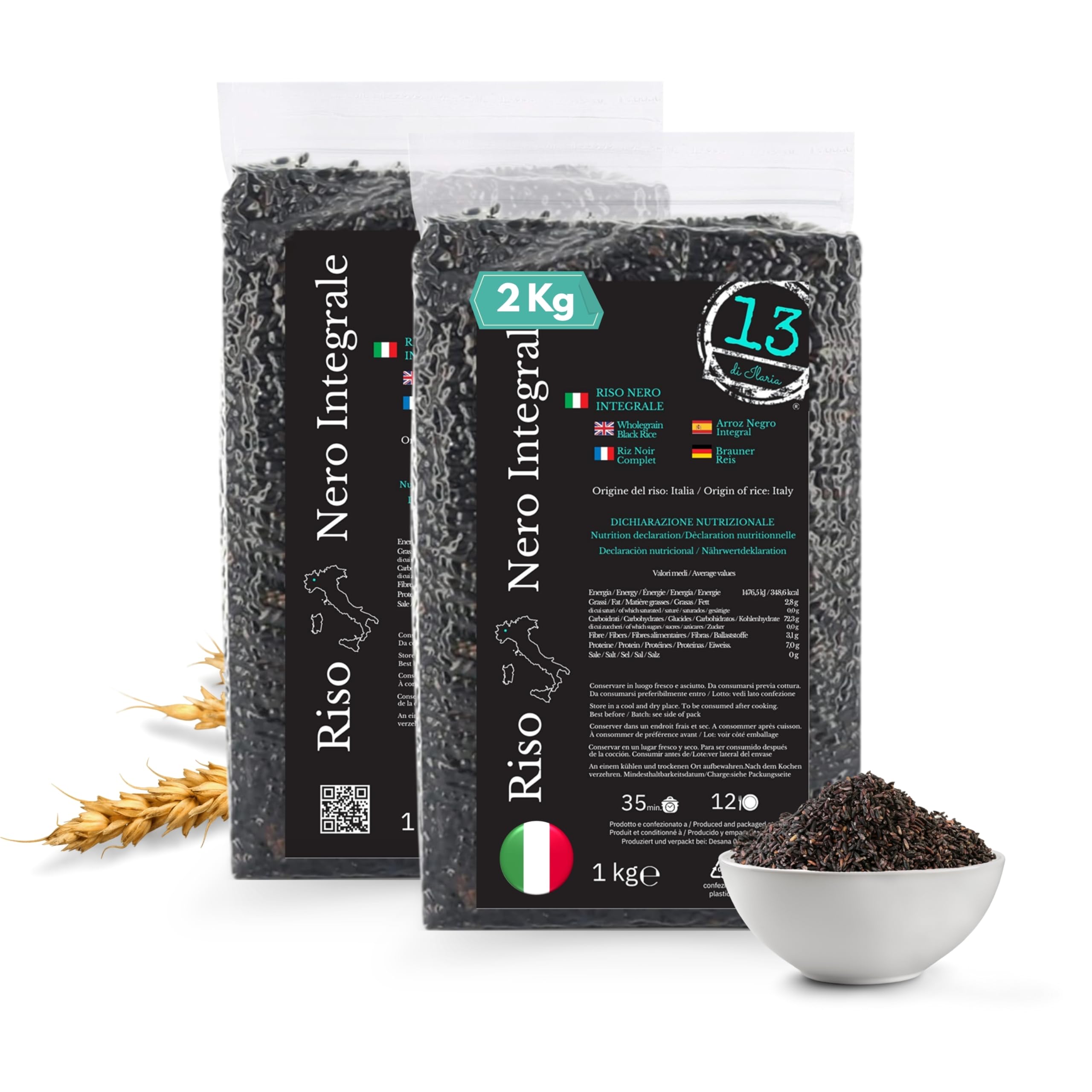Arroz Negro Integral Italiano 2 kg (2x1 kg) (Tipo Venere) – Rico en Fibra | 2 paquetes de 1 kg de arroz negro integral italiano tipo Venere, cultivado en Vercelli, rico en fibra y sin gluten