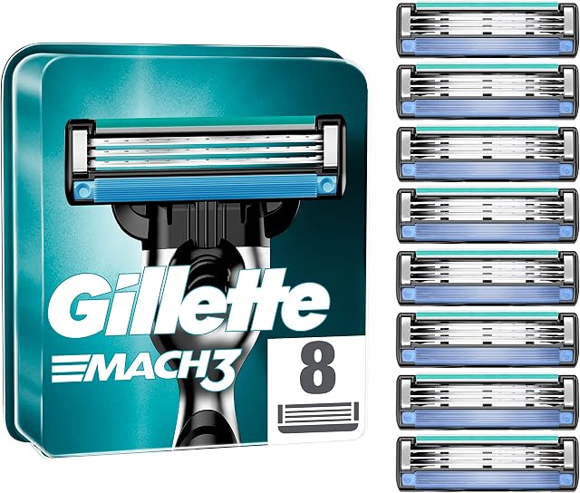 Gillette Mach3 Razor Blades Men, Pack of 8 Razor Blade Refills, Stronger Than Steel Blades, Enhanced Lubrastrip