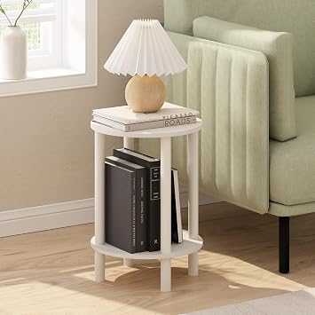 Furinno Turn-N-Tube Side Table, 2-Tier Round End Table, Toolless Assembly Night Stand, Bedside Table with Open Shelf, for Living Room, Bedroom, White