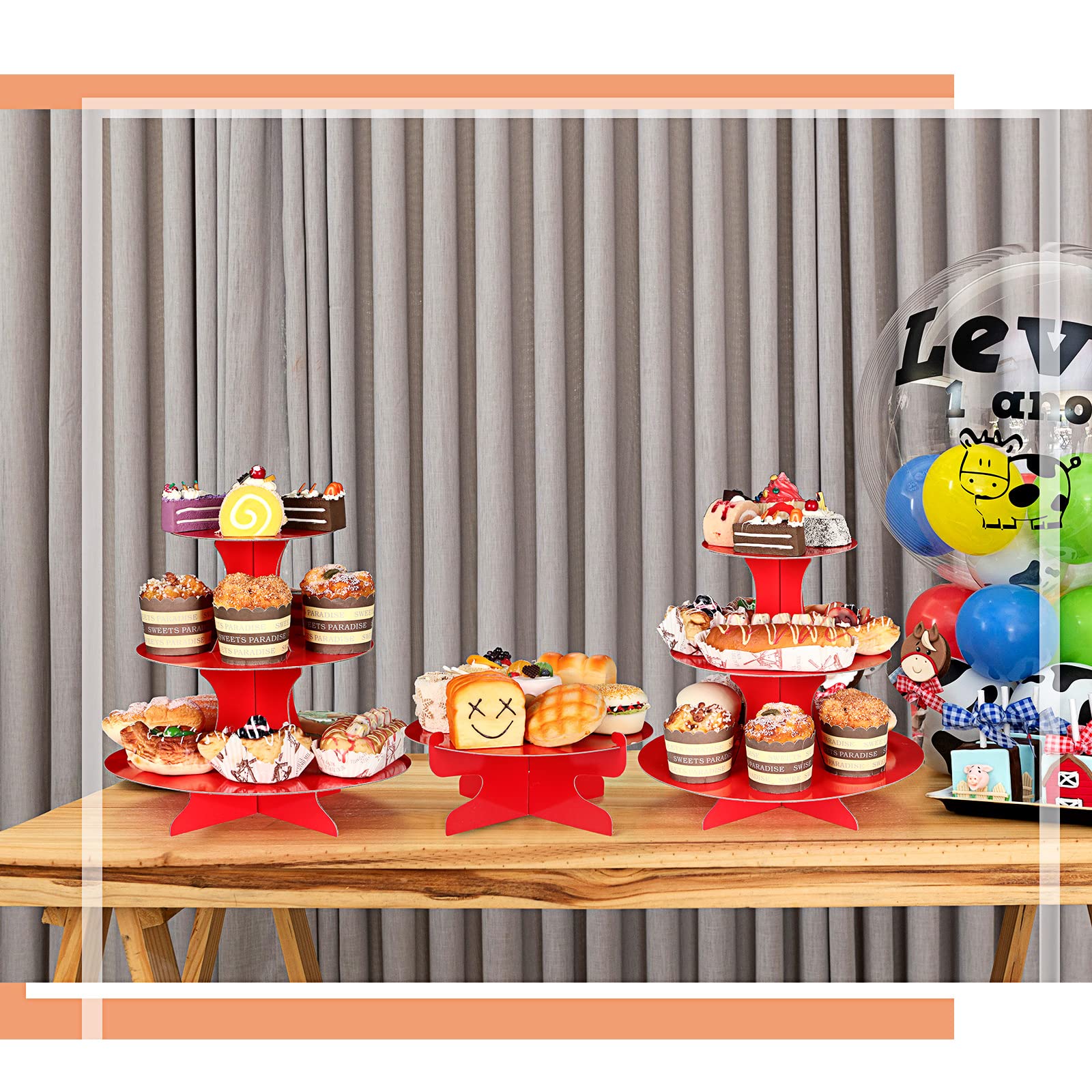 Lot de 7 présentoirs à gâteaux ronds en carton à 3 étages - Présentoir à gâteaux rectangulaire - Plateau de service réutilisable pour desserts, fête d'anniversaire (rouge)