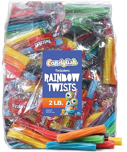 Miniatura 1 de Twizzlers Rainbow Candy, sabor a fruta, giros masticables de tamaño divertido, envueltos individualmente, paquete a granel de 2 libras