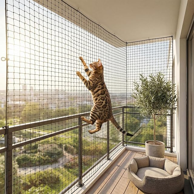 Foto 4 de 7 de QWORK® Red para Gatos Reforzada con Alambre, Incluye Juego de fijación, 2x4m, Negra para Balcones