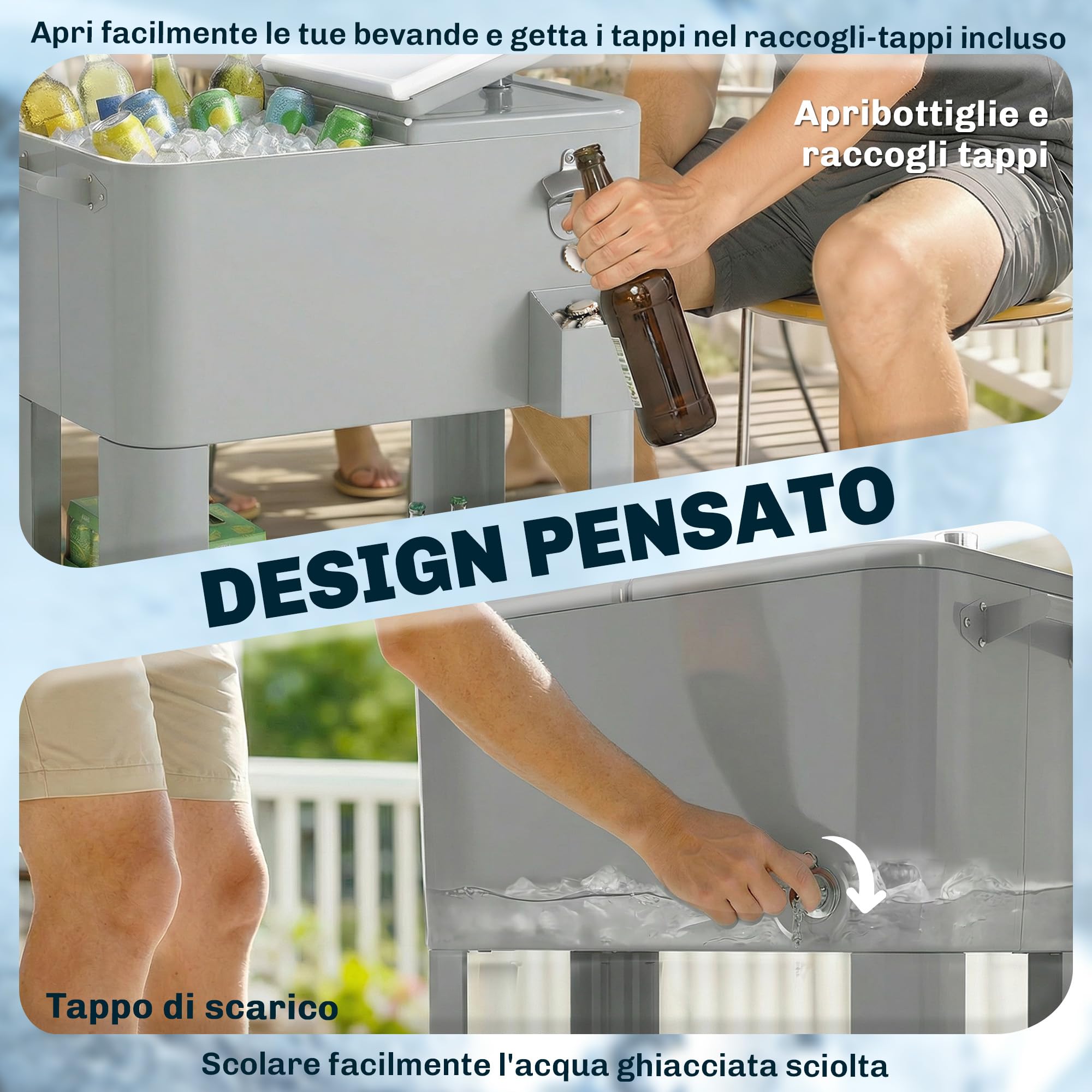Outsunny Ghiacciaia da Giardino 76L, Carrello Portavivande con Ripiano, Apribottiglie, Ruote Bloccabili, Argento