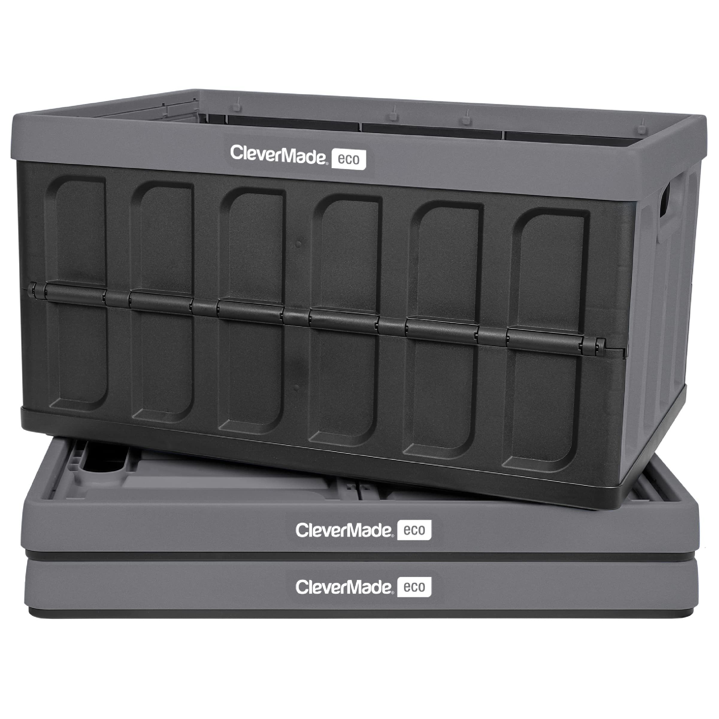 CleverMade Collapsible Storage Bins - Eco Folding Plastic Stackable 46 Liter Utility Crates for Organization, Solid Wall, No Lid; 3 Pack, Stone