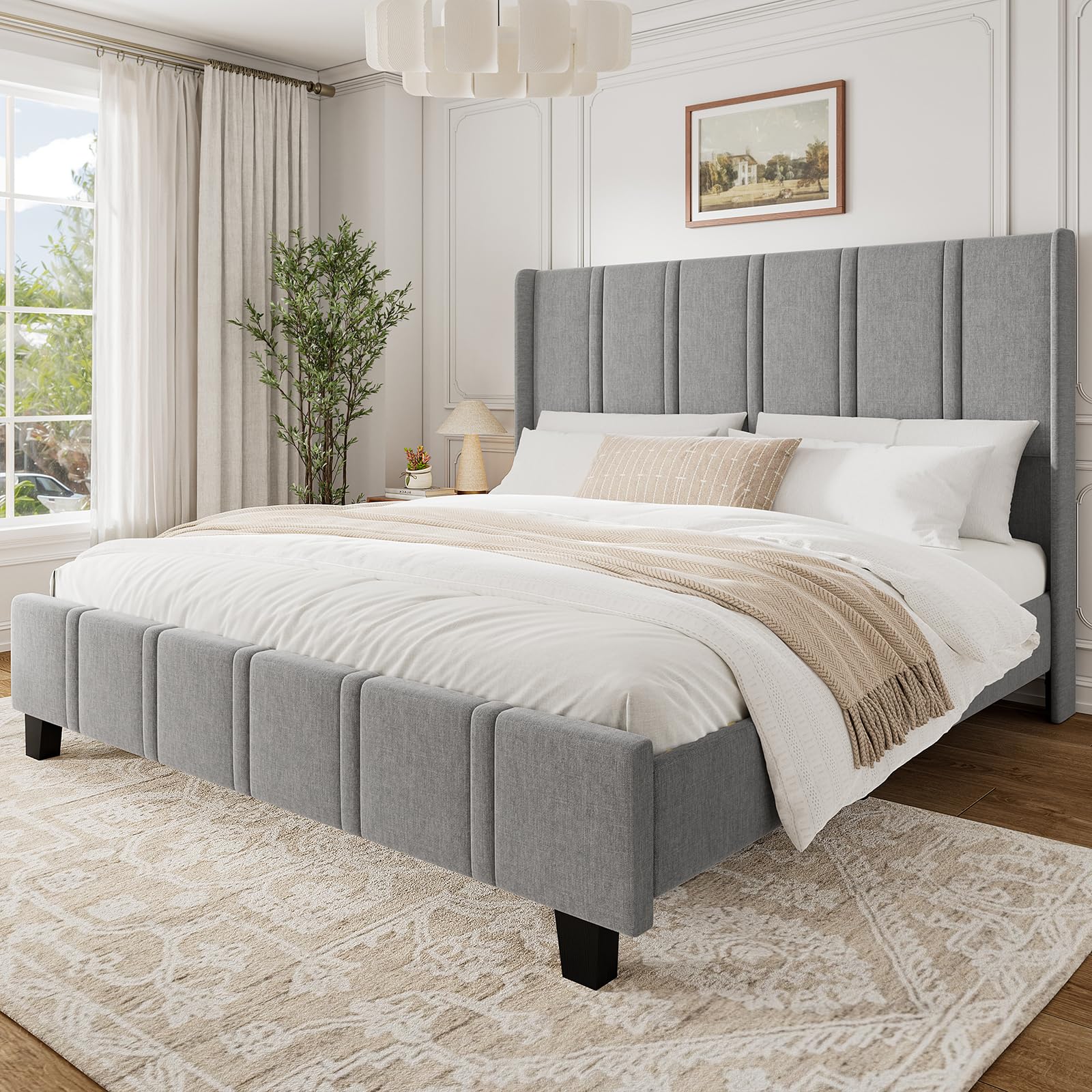 ROLETALENT King Bed Frames with 50.8" Tall Headboard Upholstered Bed Frame King Size Double Wooden Platform No Box Spring Needed Noise Free Easy Assembly Light Grey