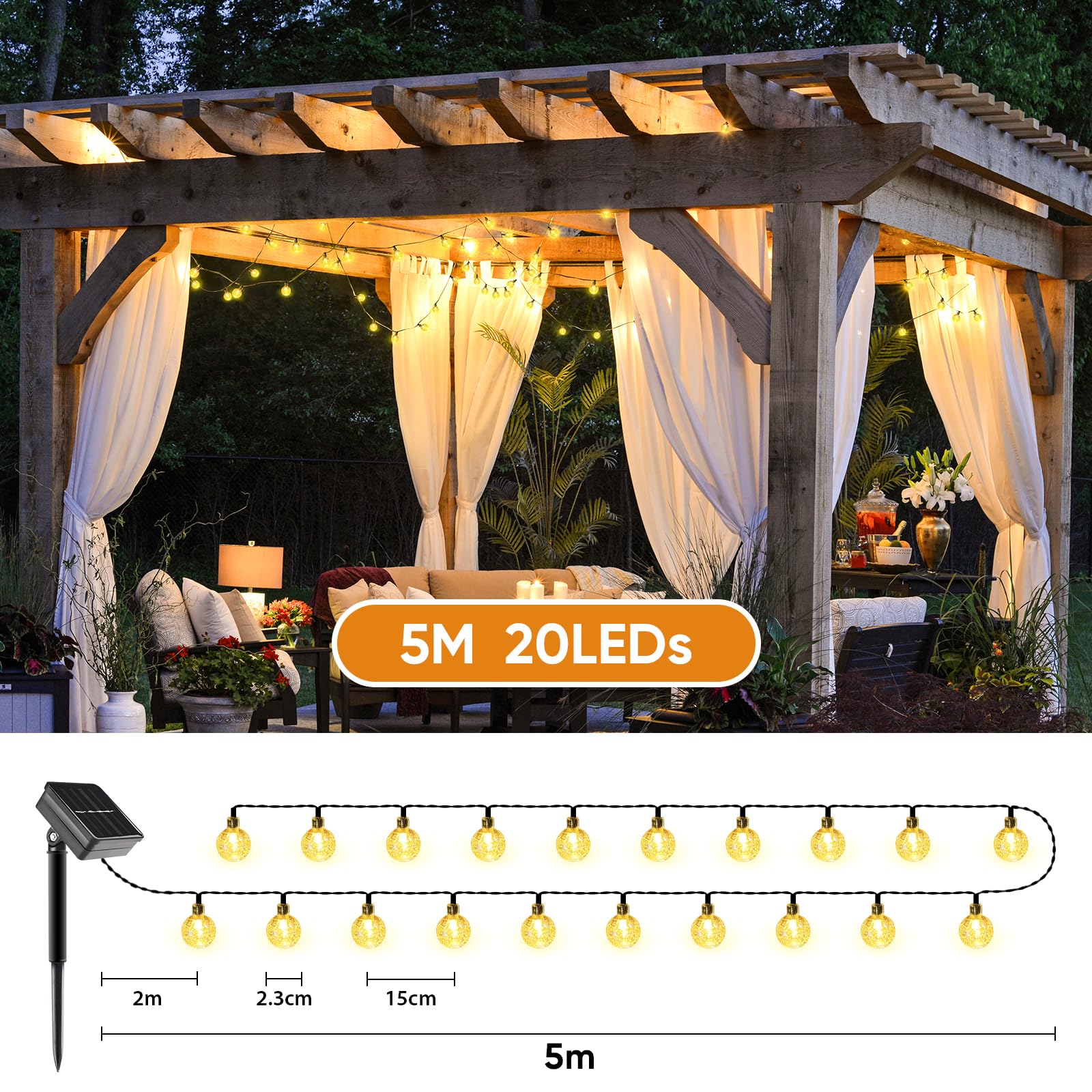 SALCAR Solar Lichterkette Außen, 5M 20 LEDs Kristall Kugeln Solarlichterkette Aussen mit 8 Modi, IP44 Wasserdicht Solar LED Deko für Balkon Camping Bäume Vorzelt Garten, Warmweiß Beleuchtung