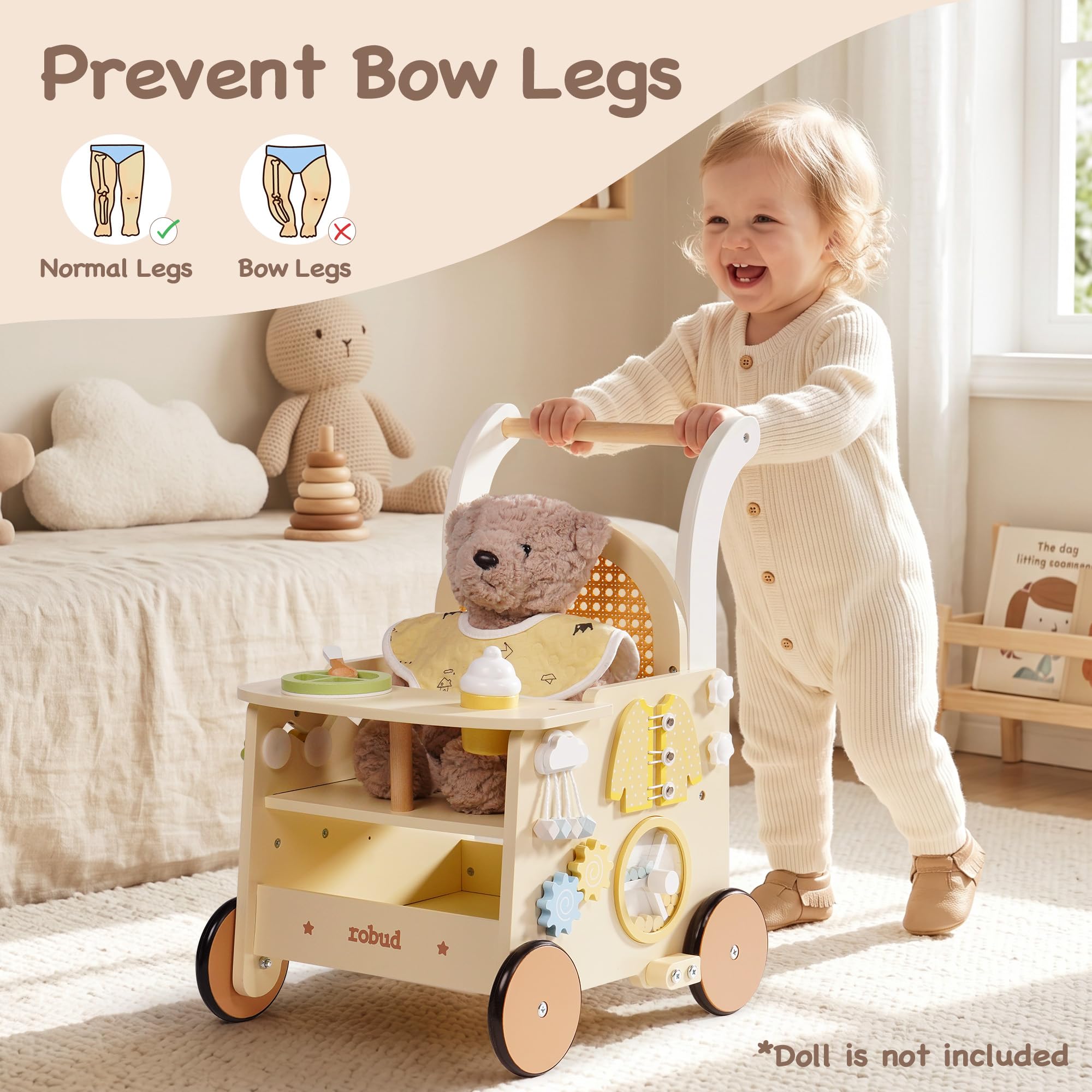 ROBUD Marchette en bois pour enfants de 1 à 2 ans, poussette 2 en 1 avec centre d'activités pour les tout-petits, marcheur à pousser avec frein de sécurité, jouets éducatifs pour garçons et filles de