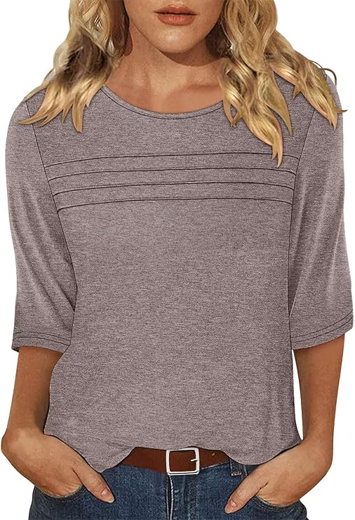 KISSMODA Women's Casual 3/4 Sleeve T-Shirts Round Neck Cute Tunic Tops Basic/Pleated Summer Tops Trendy Spring Blouses