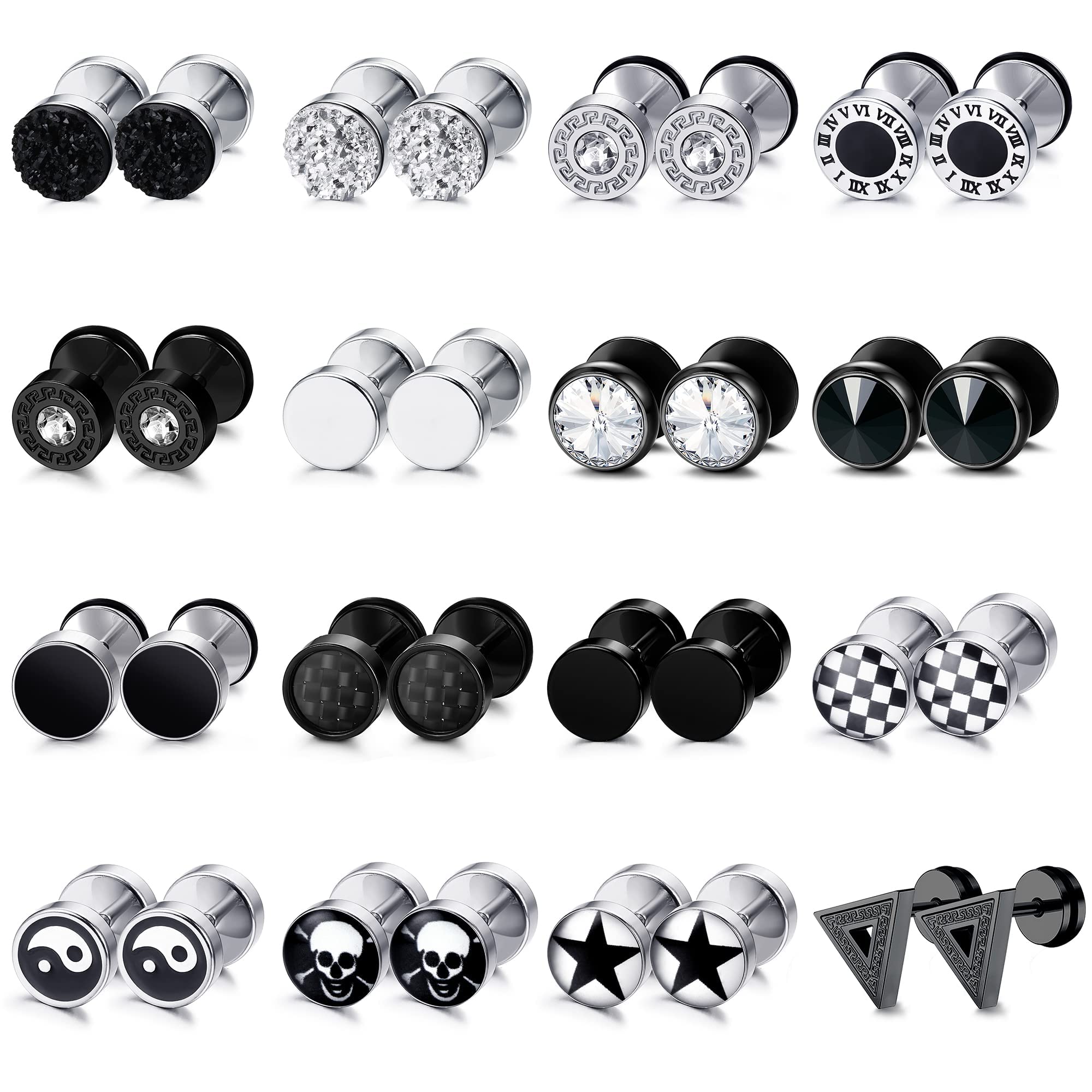 JeryWe 9-16 Pares Pendientes Studs para Hombre Mujere Acero Inoxidable Redondo Plata Negro Stud Pendientes Fake Plug Orejas Tornillo Barbell Ear Plugs Faux Gauges Ear Tornillo 8MM