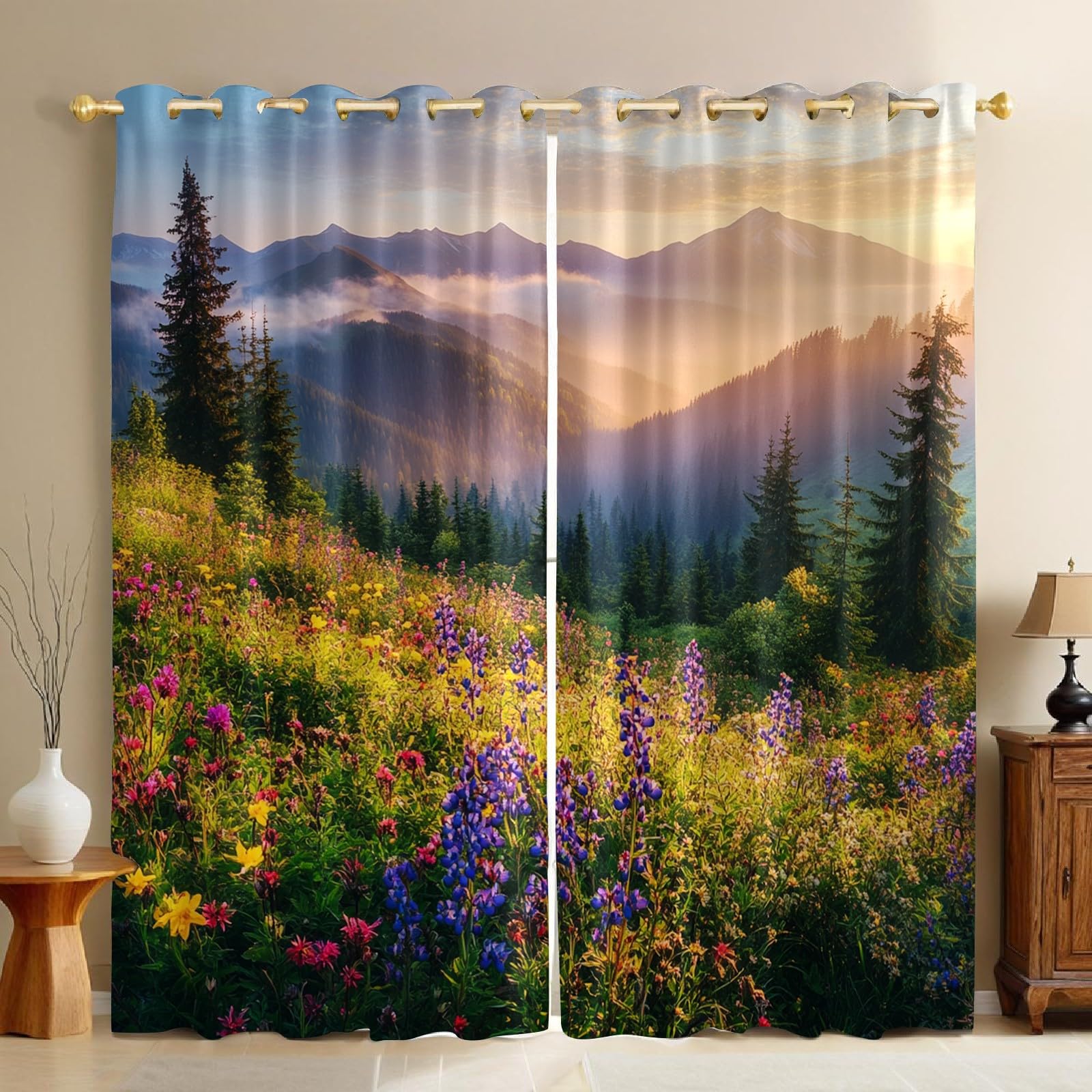 Rideaux Occultants Forêts et Fleurs Sauvages Jaunes 140x280 cm | Lot de 2