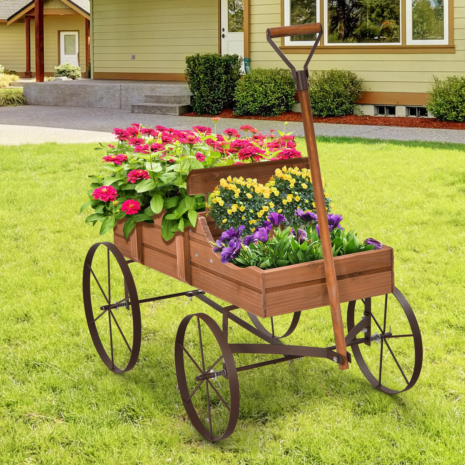 HOMASIS Jardinera Carrito de Madera para Plantas, Carretilla con Ruedas de Metal y 2 Compartimentos, Maceta en Forma de Monociclo Decorativo para jardín, terraza, Patio, 63x35x62,5cm (Marrón)