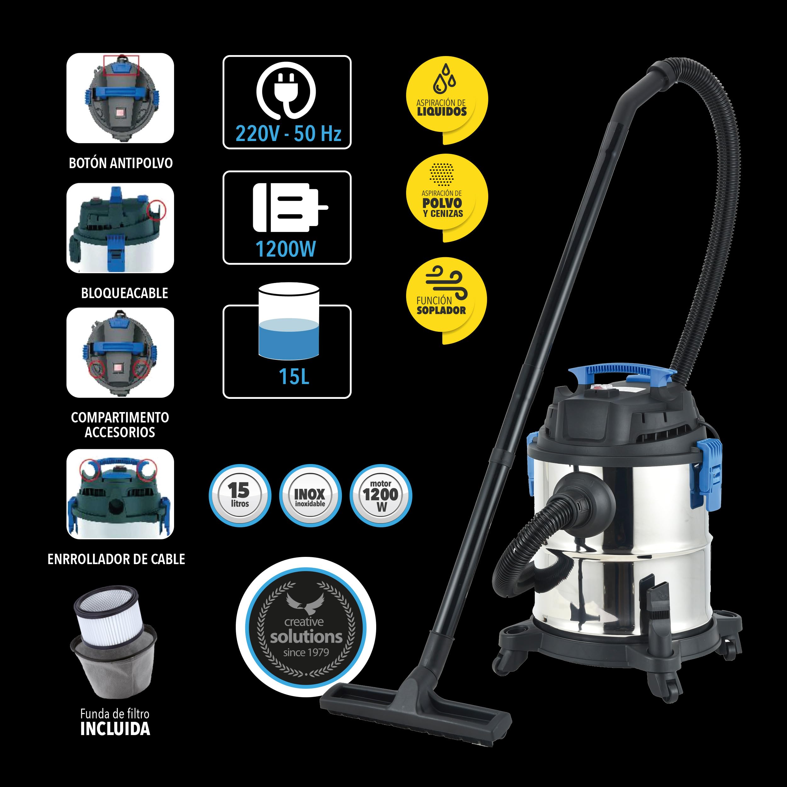 Bikain - Aspiradora 3 en 1 - Líquido, Cenizas y Polvo - Alta Potencia 1200W - Función Soplador - 15 litros - Aspiradora de Agua y en Seco con Ruedas - para Tapicerías, Coche, Suelos y Exteriores