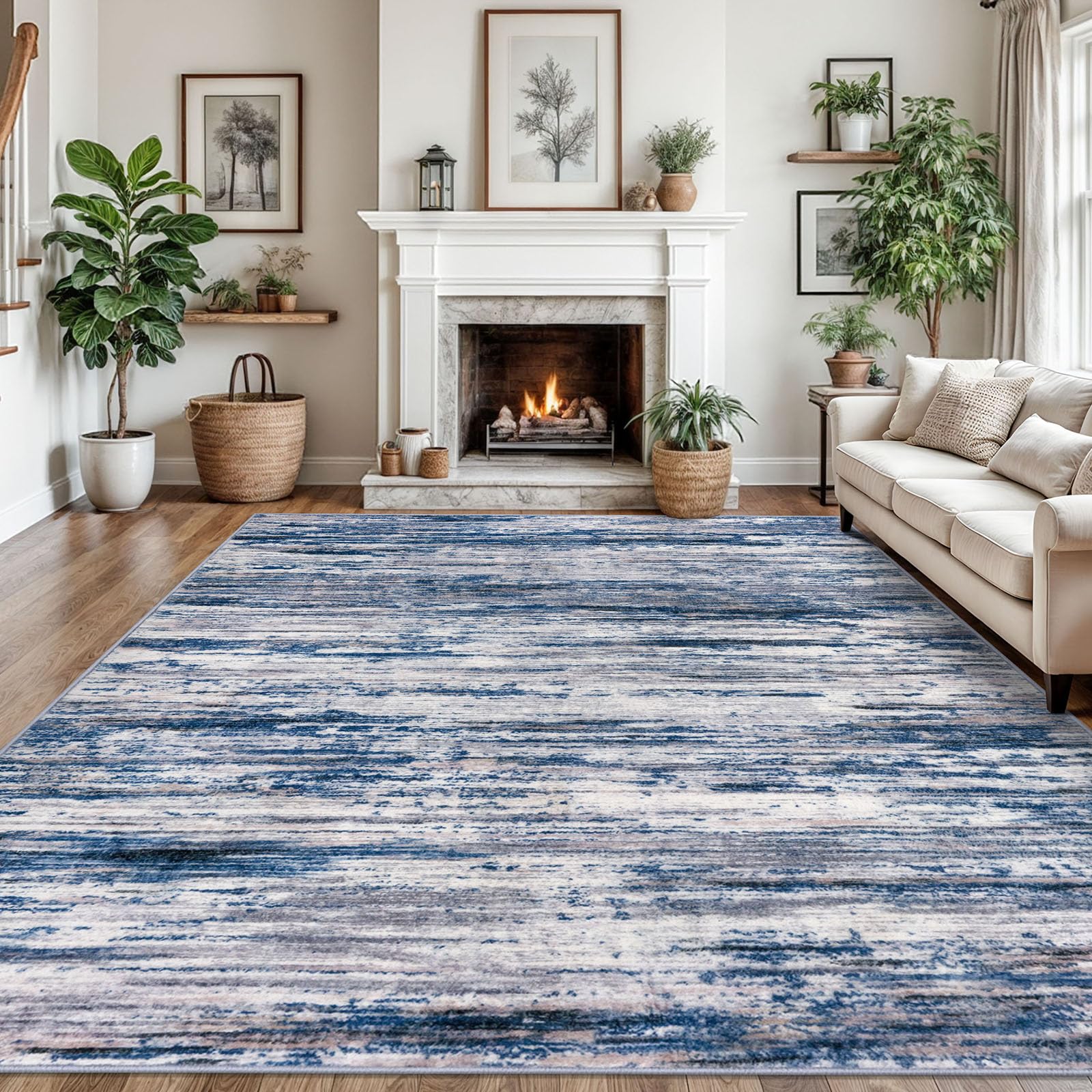 SIILOOM 9x12 Modern Abstract Area Rug for Bedroom, Navy Blue Gray Neutral Multi Large Super Soft Washable Rug with Non-Slip, Non-Shedding Rugs for