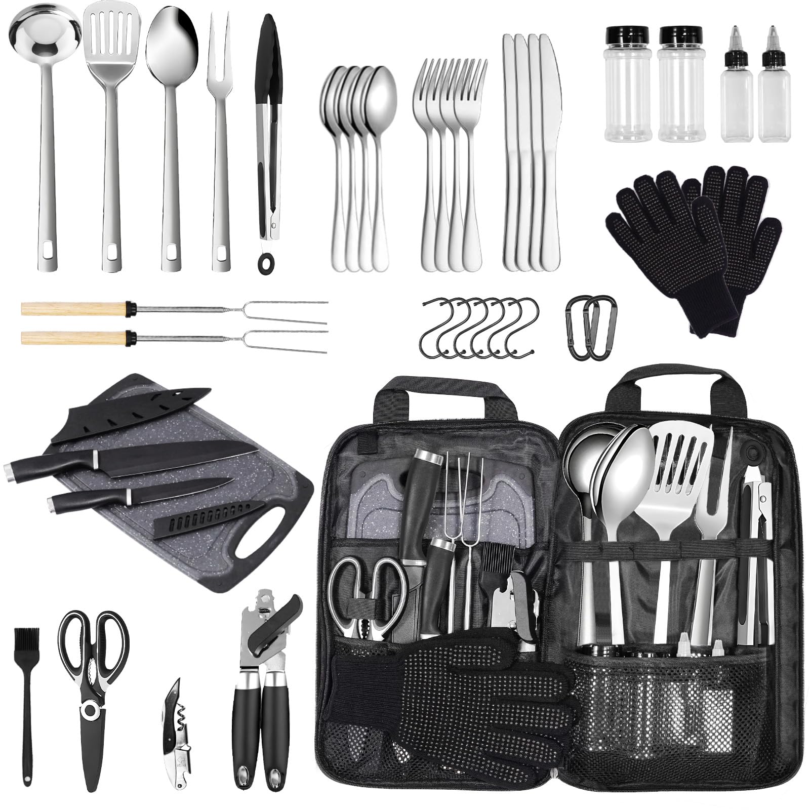 Camping Kitchen Utensil Set Outdoor Cooking Set Accessories Camping Cookware Kit for Travel RVs BBQs Stainless Steel Portable