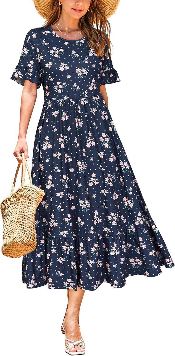 STYLEWORD Women's Summer 2025 Casual Short Sleeve Tiered Flowy Spring Dress Long Midi Beach Sundress Vacation Outfits